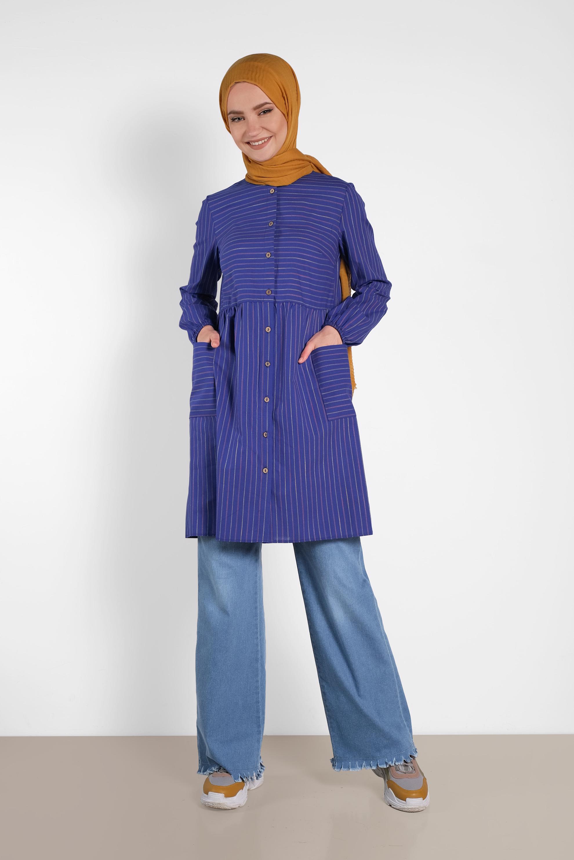 Tesettür giyim MAVİ PAÇA DETAYLI PANTOLON 7591 