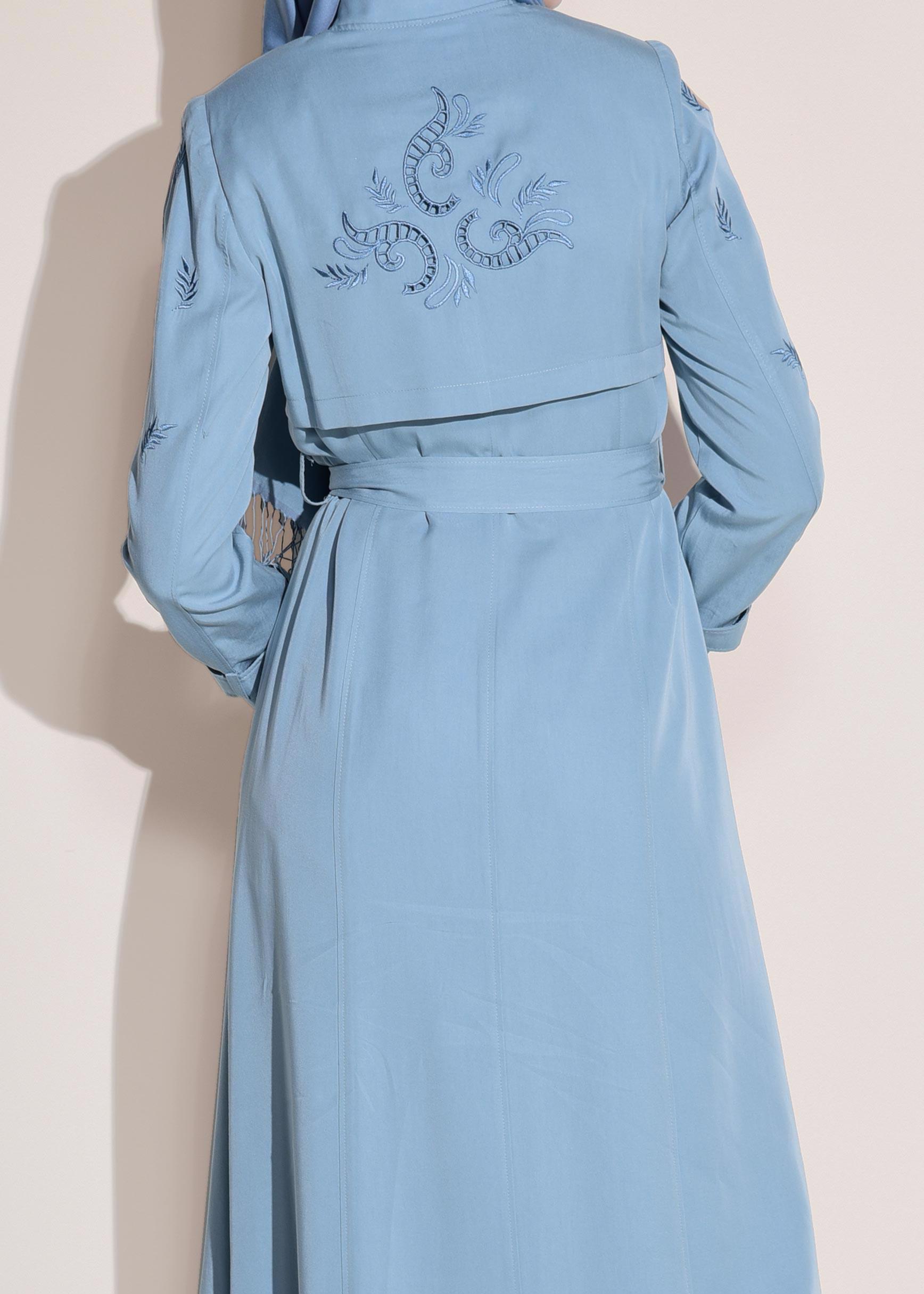 Tesettür giyim MAVİ YAPRAK BASKILI CEPLİ PARDESÜ 1228 