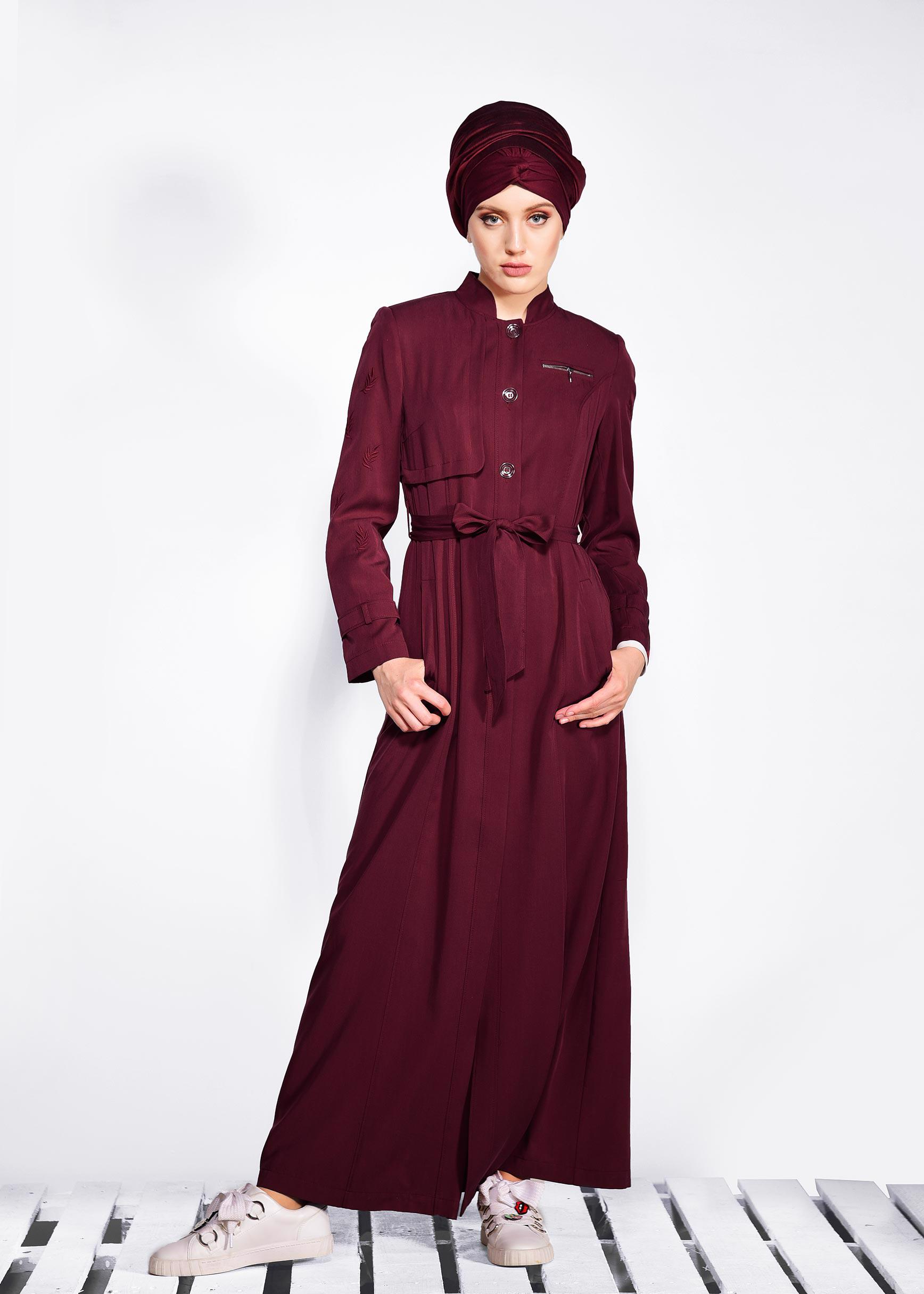 Tesettür giyim BORDO YAPRAK BASKILI CEPLİ PARDESÜ 1228 