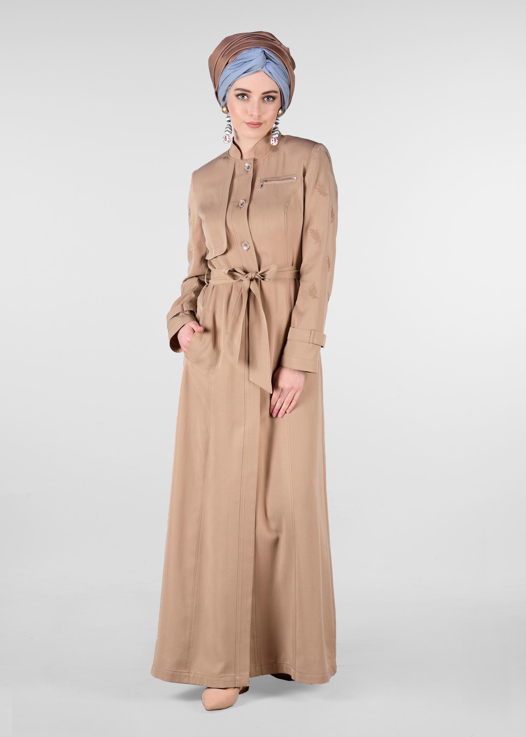 Tesettür giyim KAHVE YAPRAK BASKILI CEPLİ PARDESÜ 1228 