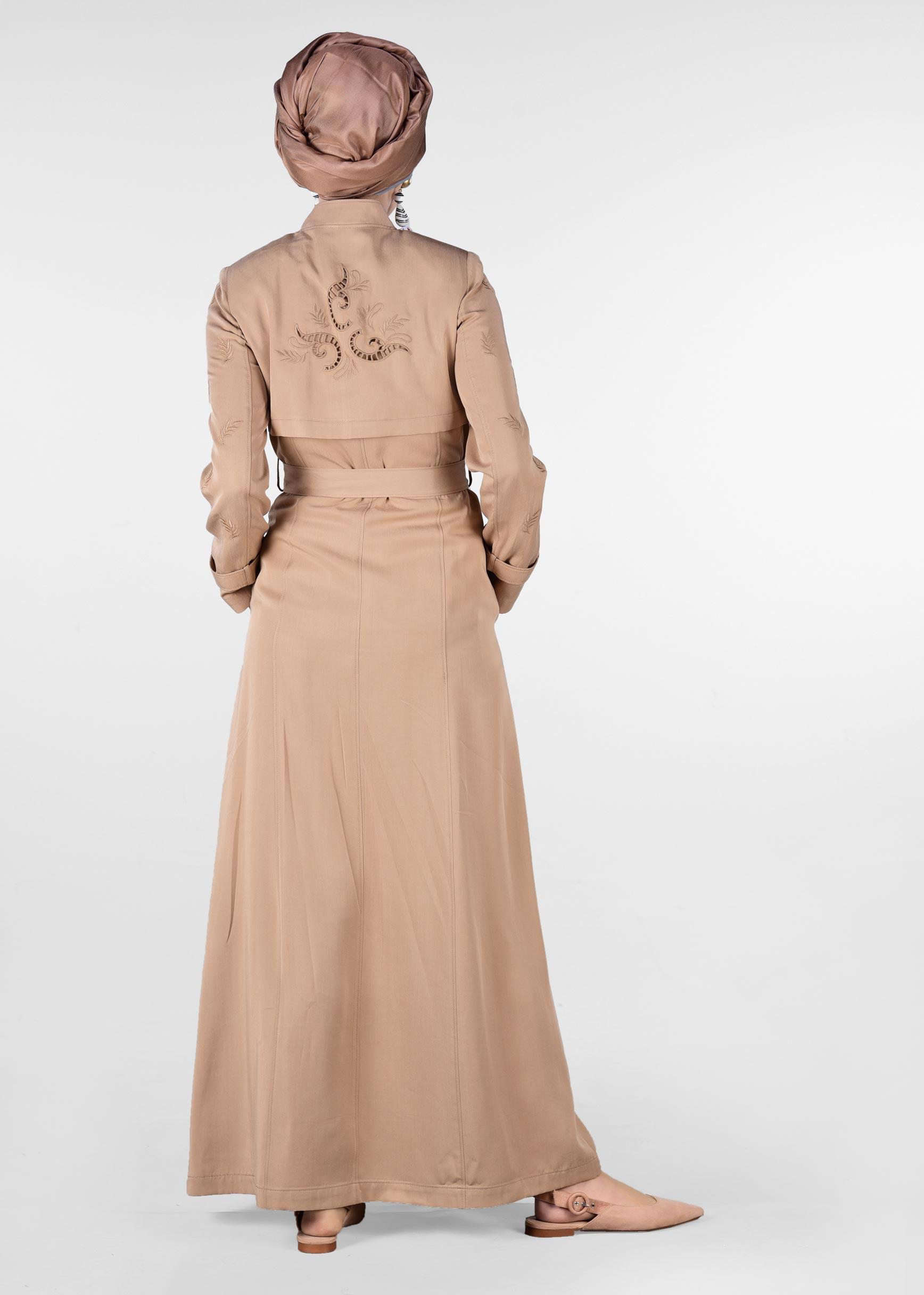 Tesettür giyim KAHVE YAPRAK BASKILI CEPLİ PARDESÜ 1228 