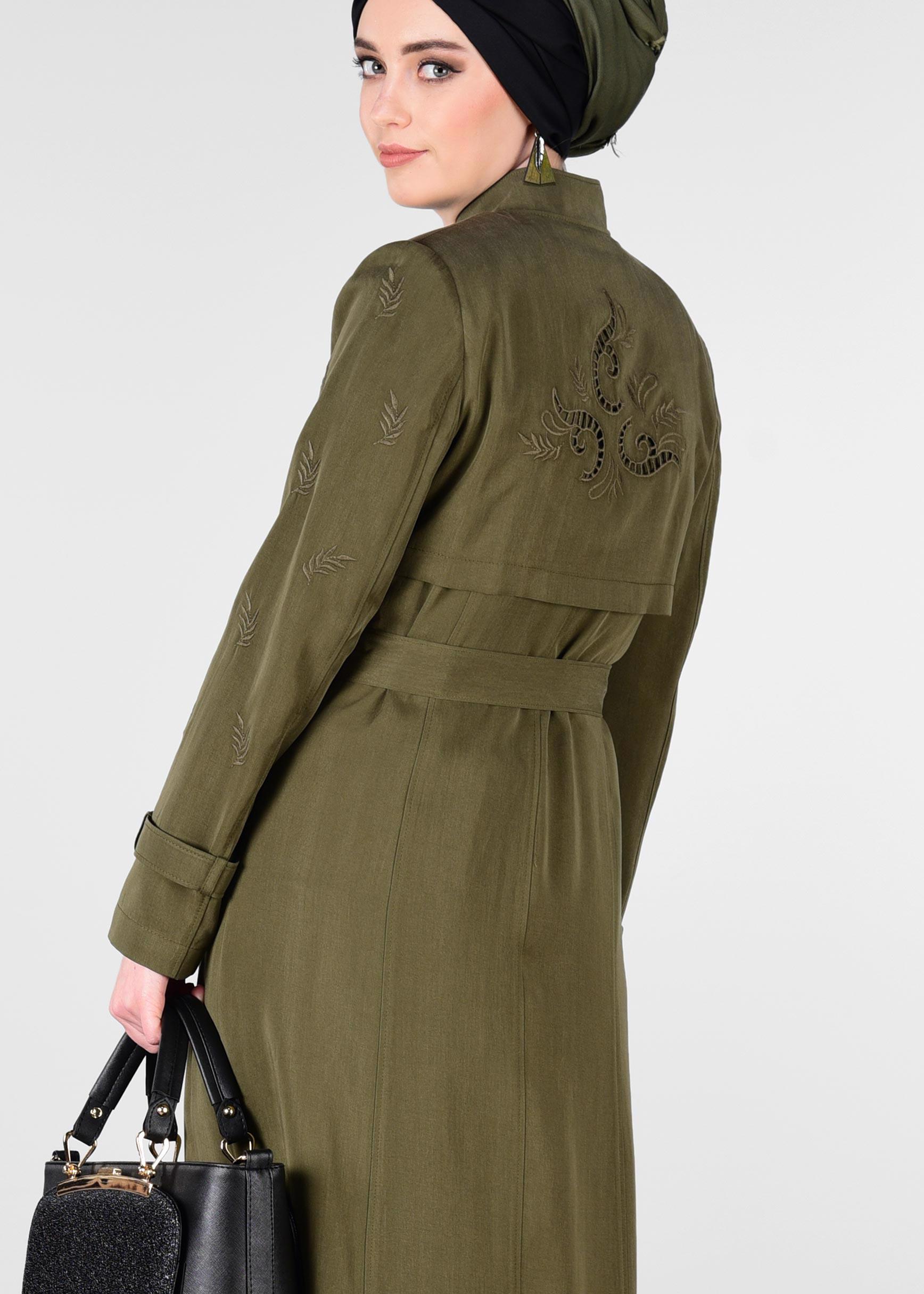 Tesettür giyim HAKİ YAPRAK BASKILI CEPLİ PARDESÜ 1228 