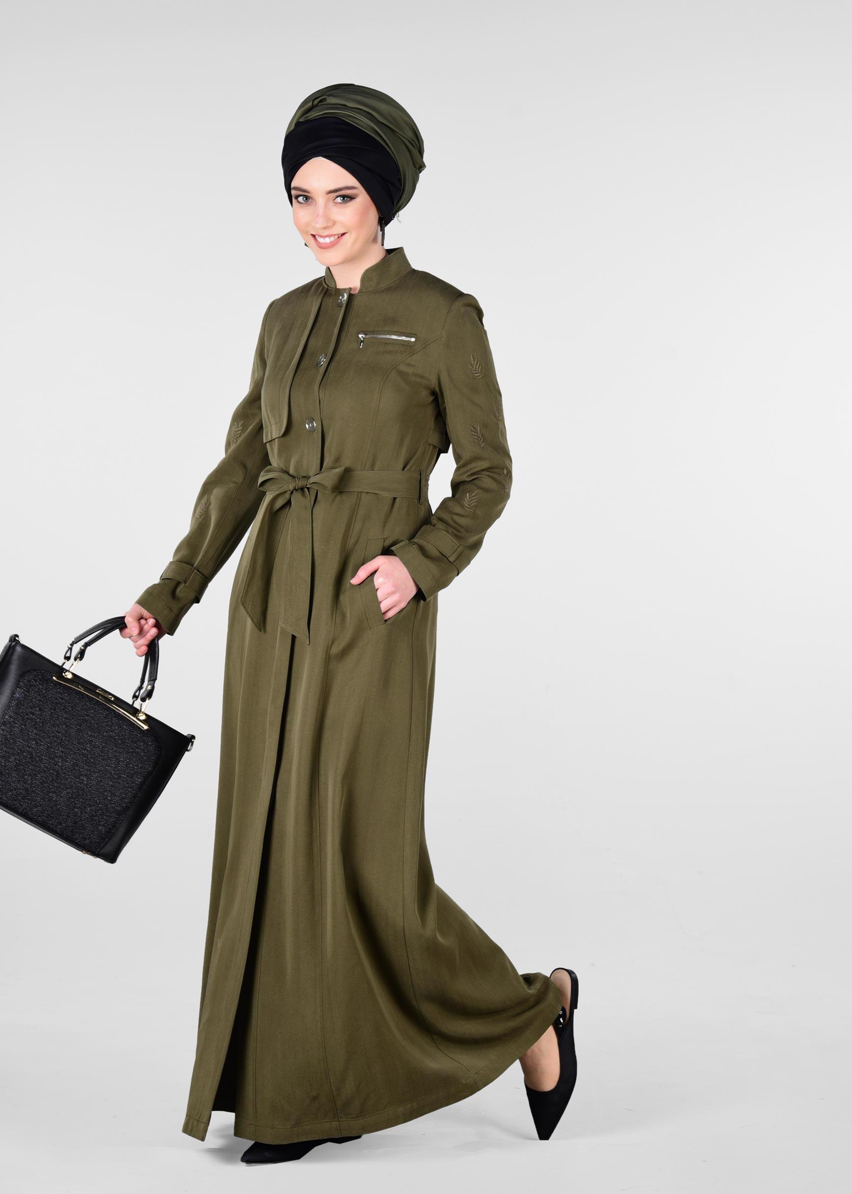 Tesettür giyim HAKİ YAPRAK BASKILI CEPLİ PARDESÜ 1228 