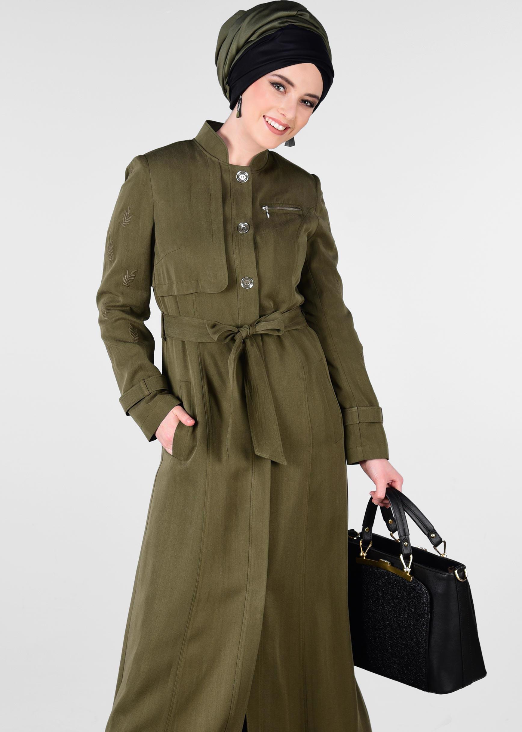 Tesettür giyim HAKİ YAPRAK BASKILI CEPLİ PARDESÜ 1228 