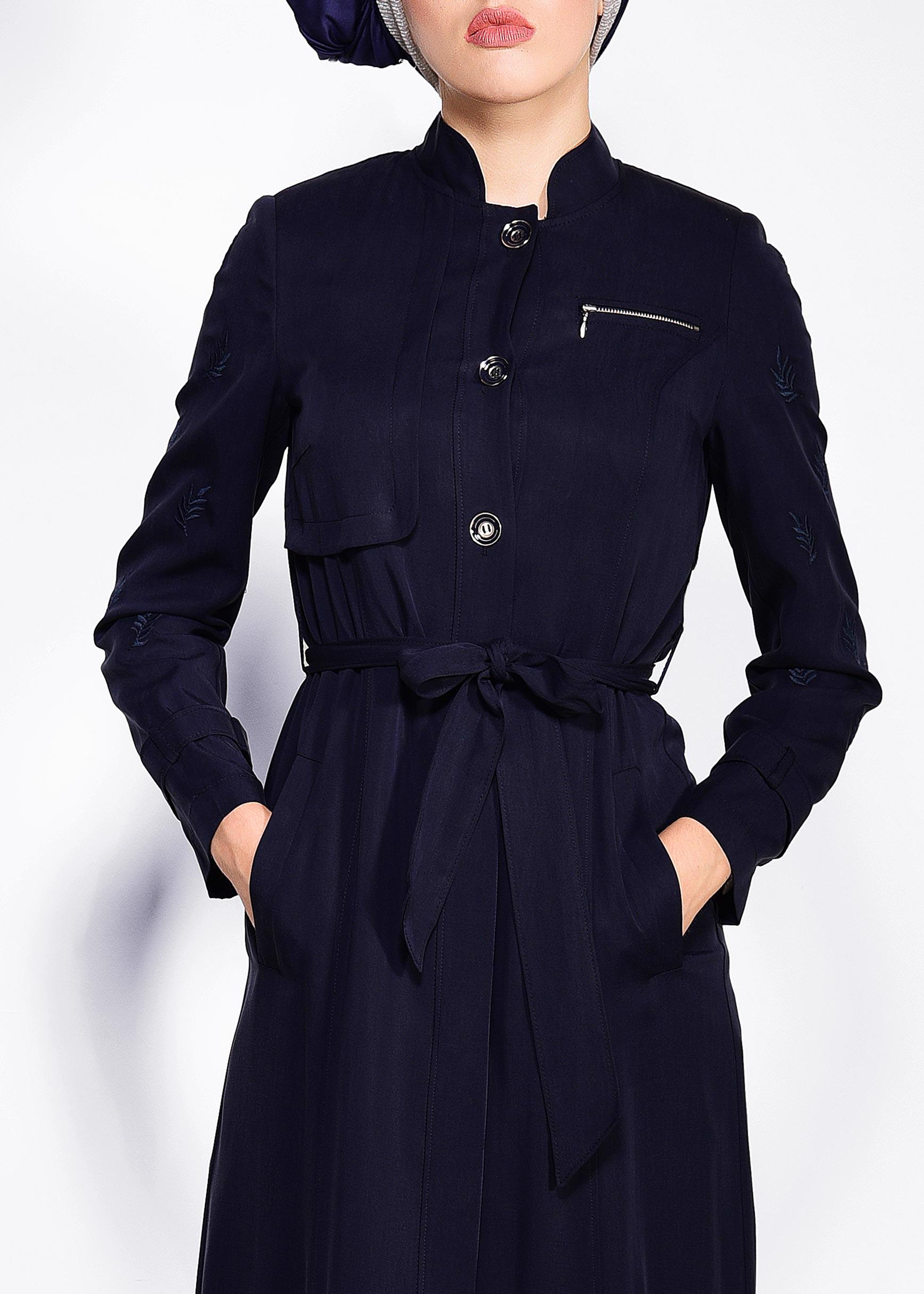 Tesettür giyim LACİVERT YAPRAK BASKILI CEPLİ  PARDESÜ 1228 