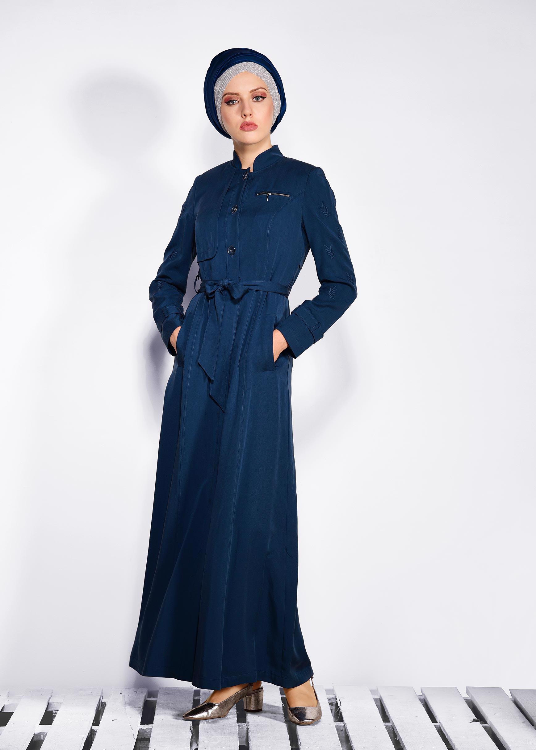 Tesettür giyim LACİVERT YAPRAK BASKILI CEPLİ PARDESÜ 1228 