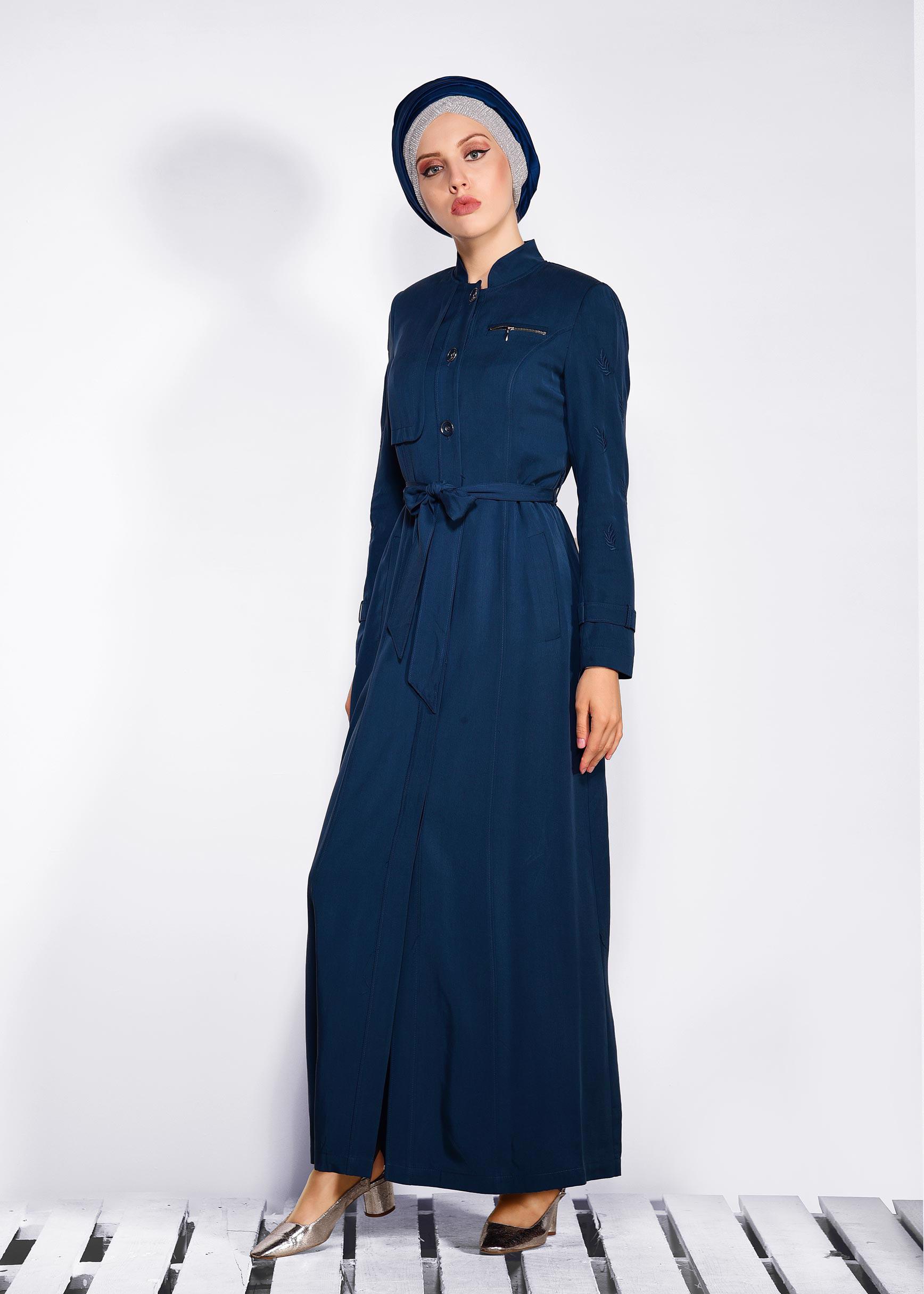 Tesettür giyim LACİVERT YAPRAK BASKILI CEPLİ PARDESÜ 1228 