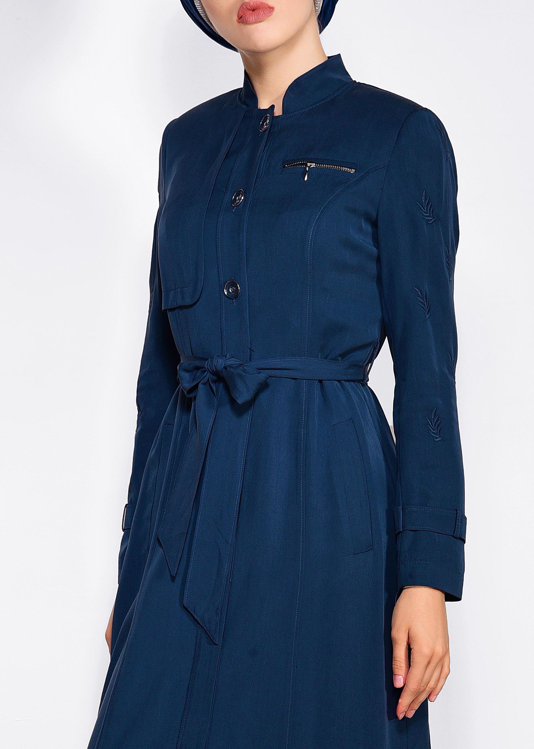 Tesettür giyim LACİVERT YAPRAK BASKILI CEPLİ PARDESÜ 1228 