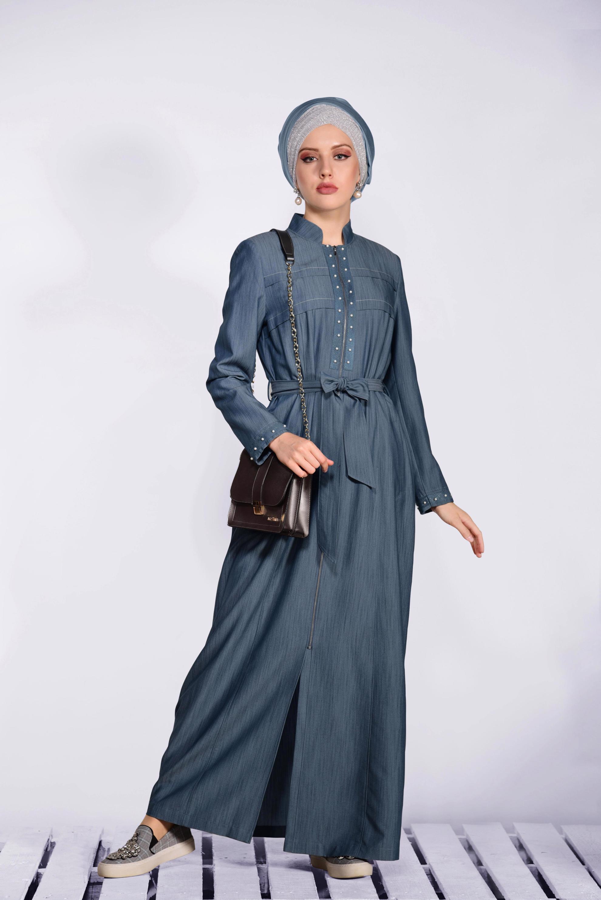 Tesettür giyim LACİVERT İNCİ DETAYLI FERMUARLI PARDESÜ 1237 