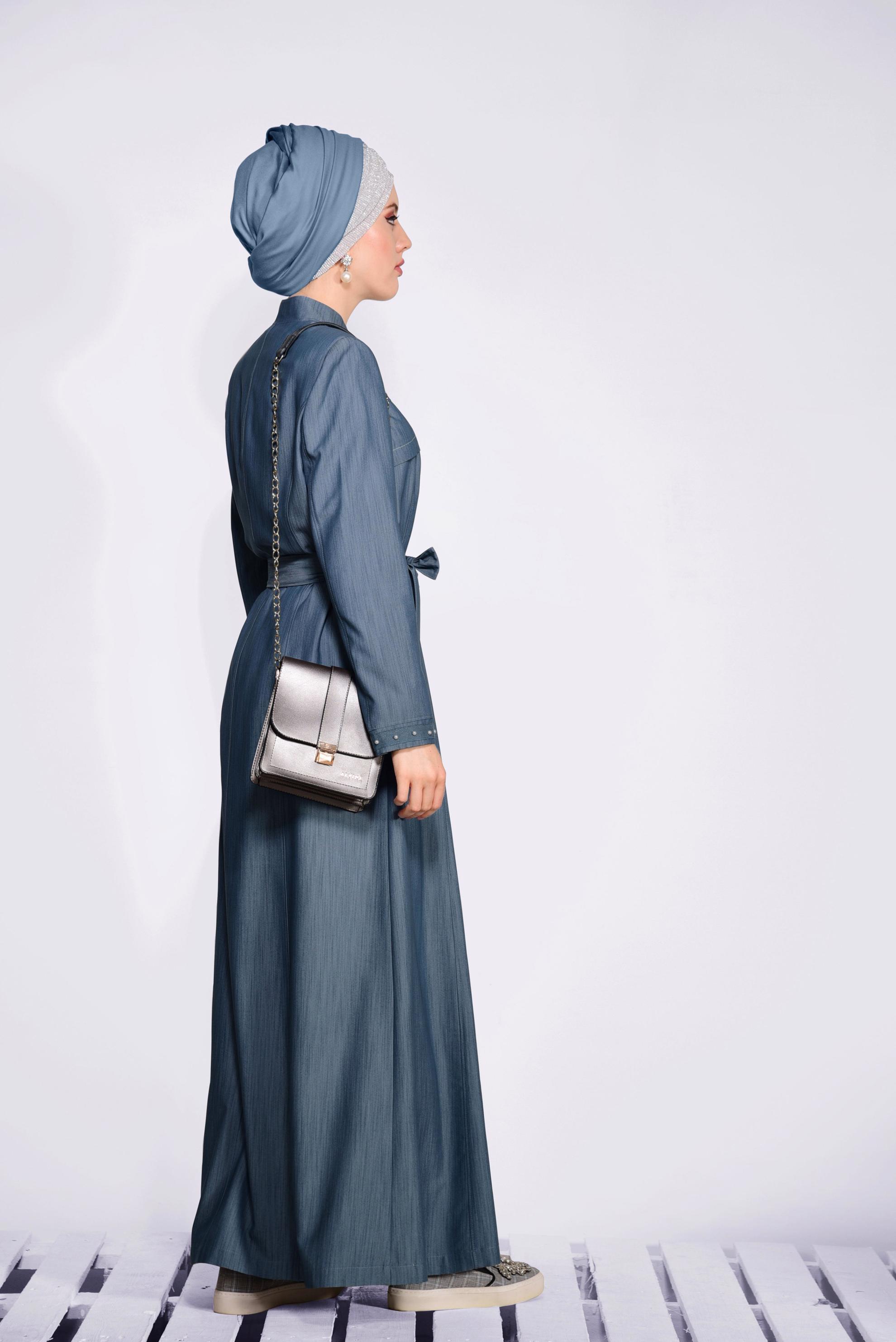 Tesettür giyim LACİVERT İNCİ DETAYLI FERMUARLI PARDESÜ 1237 