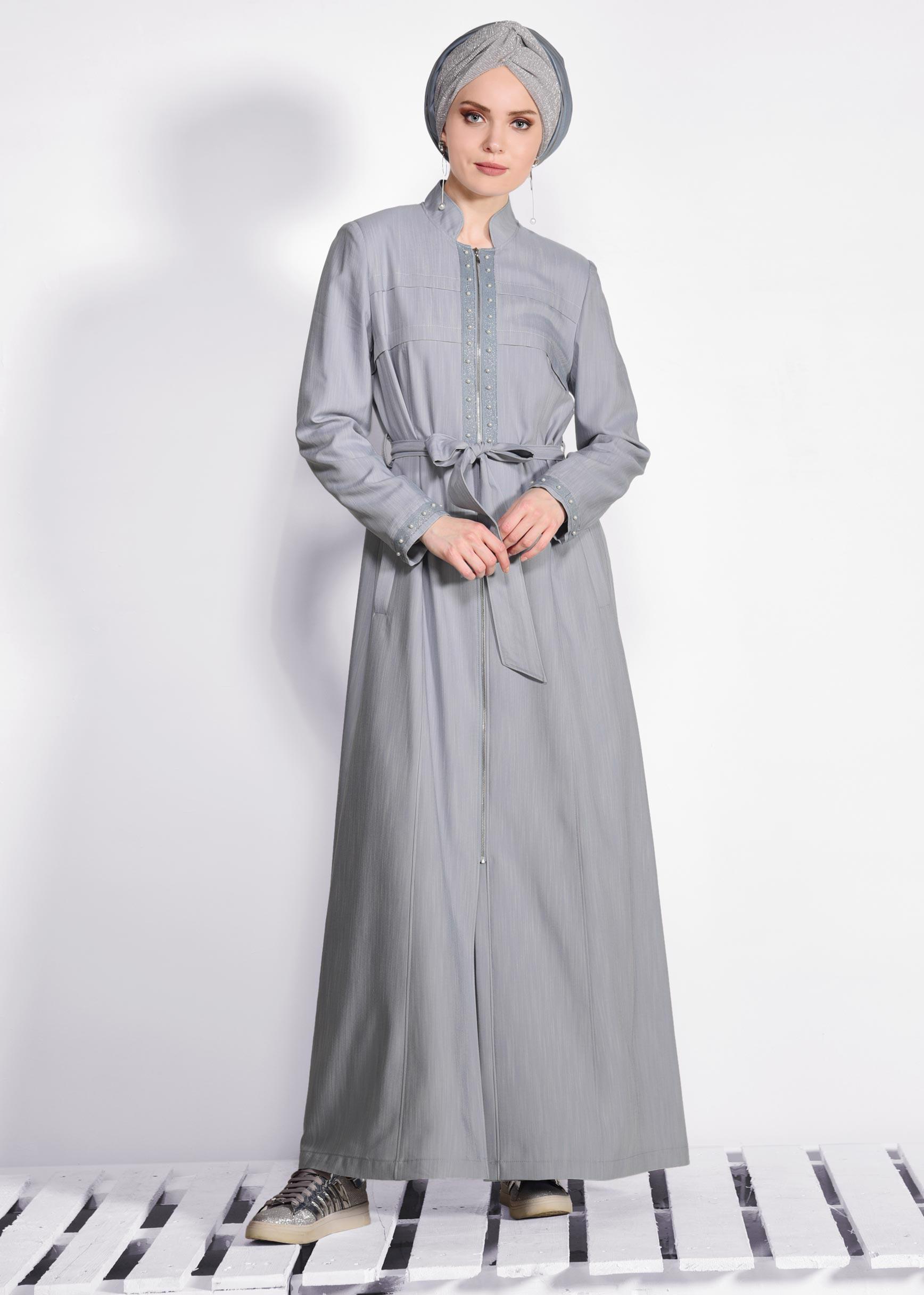 Tesettür giyim MAVİ İNCİ DETAYLI FERMUARLI PARDESÜ 1237 