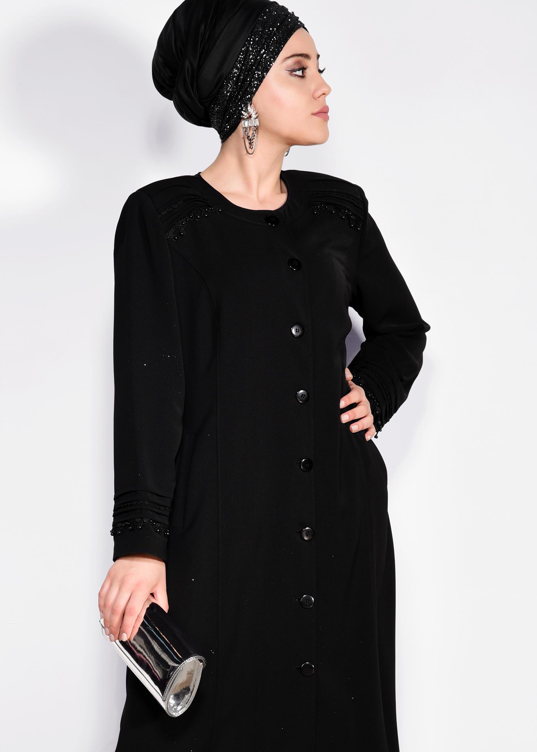 Tesettür giyim SİYAH GÜPÜR DETAYLI DÜĞMELİ PARDESÜ 1277 