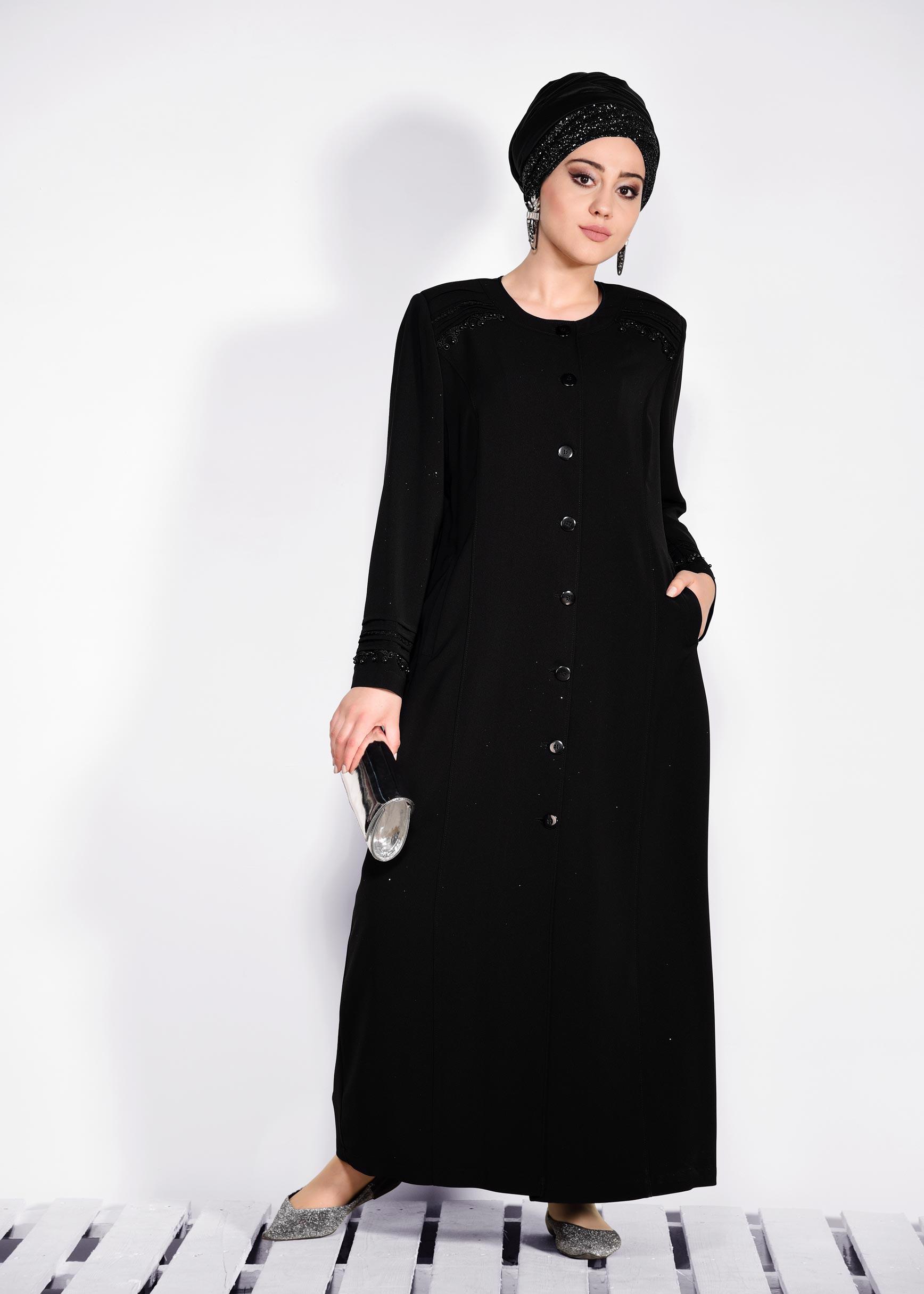 Tesettür giyim SİYAH GÜPÜR DETAYLI DÜĞMELİ PARDESÜ 1277 