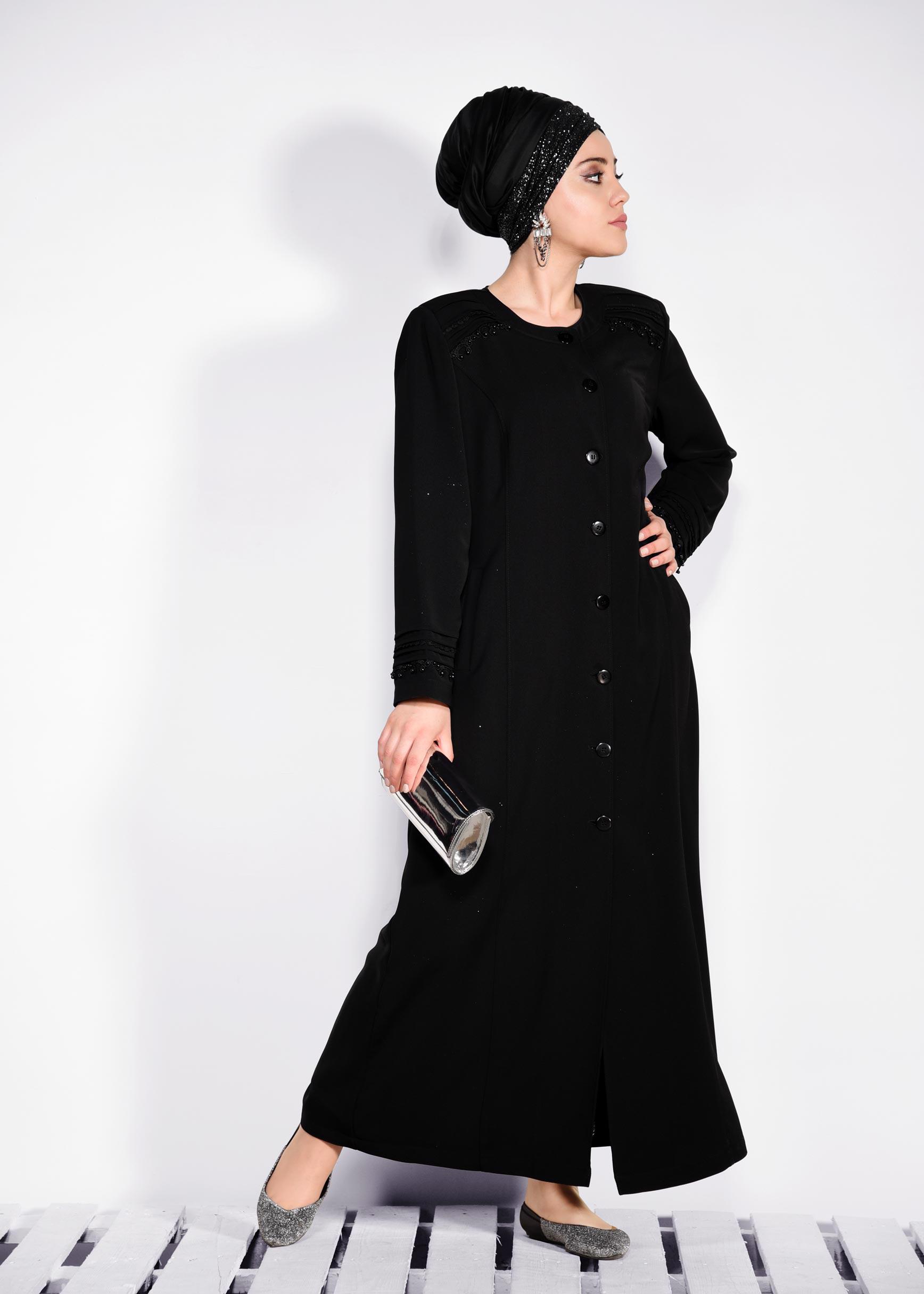 Tesettür giyim SİYAH GÜPÜR DETAYLI DÜĞMELİ PARDESÜ 1277 