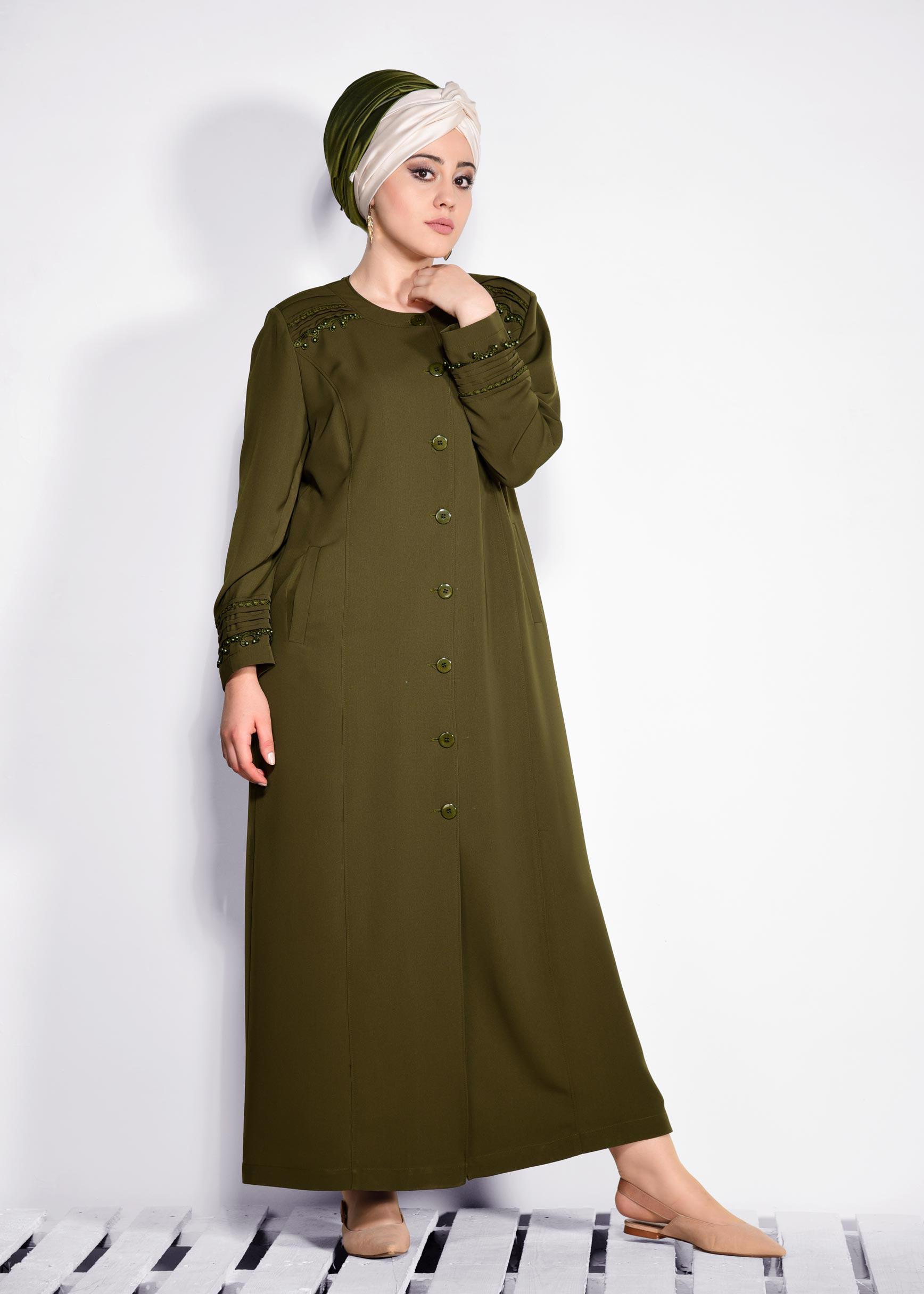 Tesettür giyim HAKİ GÜPÜR DETAYLI DÜĞMELİ PARDESÜ 1277 