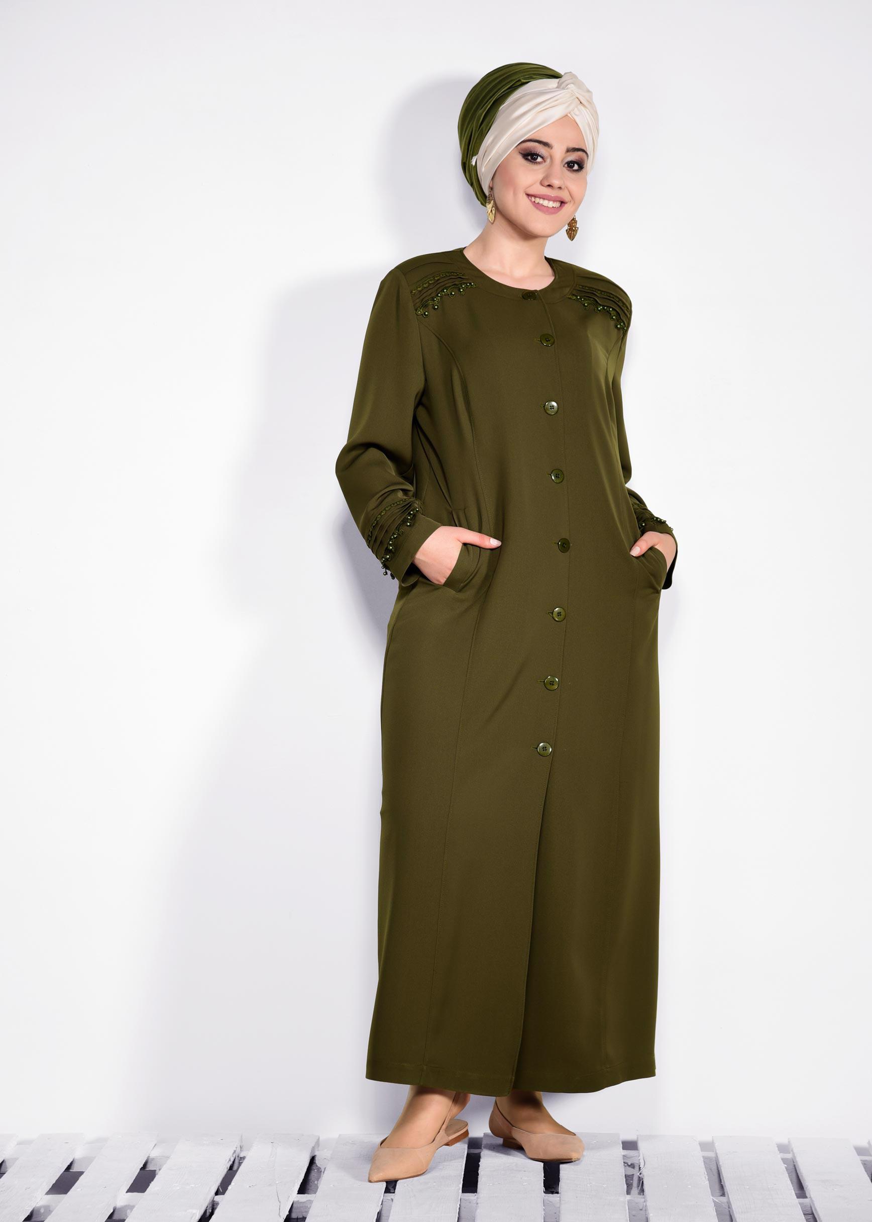 Tesettür giyim HAKİ GÜPÜR DETAYLI DÜĞMELİ PARDESÜ 1277 