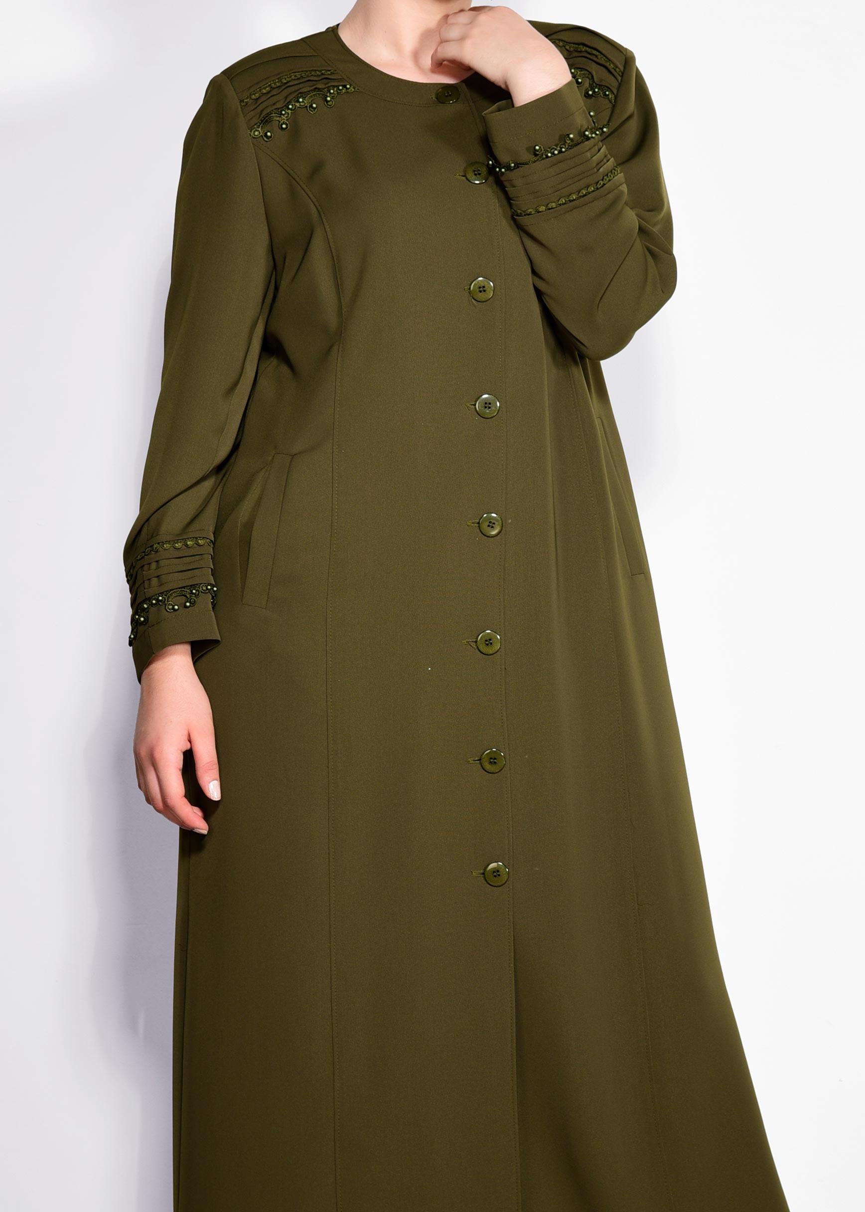 Tesettür giyim HAKİ GÜPÜR DETAYLI DÜĞMELİ PARDESÜ 1277 