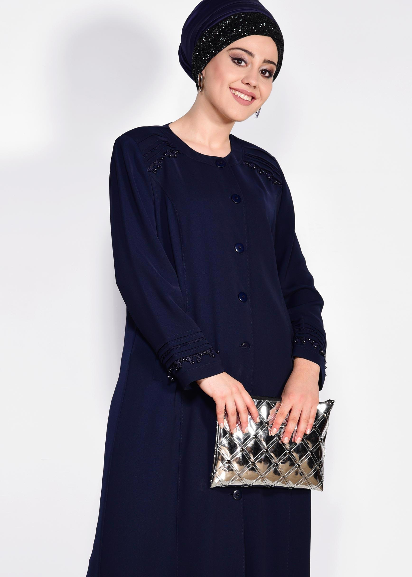 Hijab clothing NAVY BLUE Guipure Detail Buttoned Overcoat 1277 