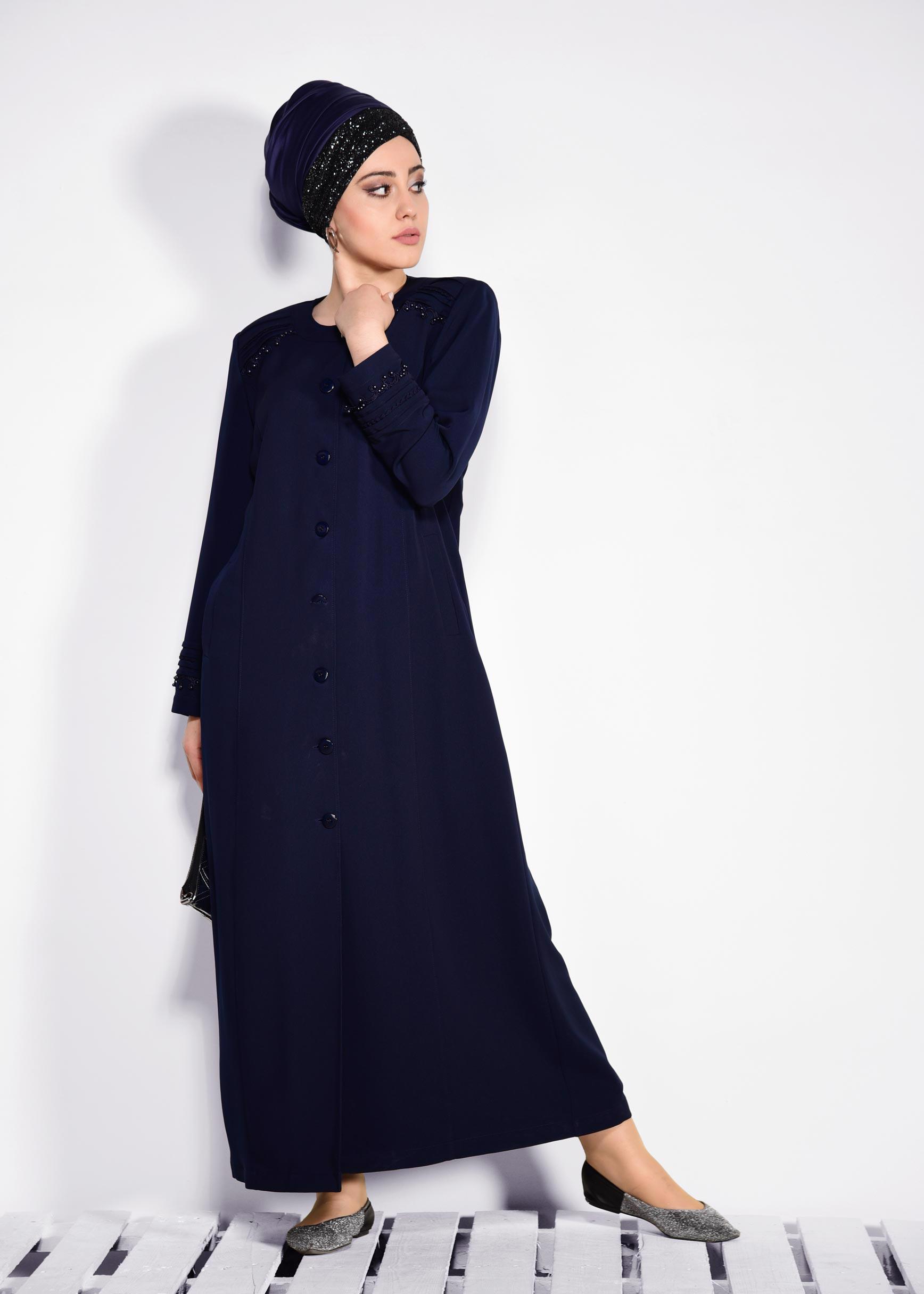 Hijab clothing NAVY BLUE Guipure Detail Buttoned Overcoat 1277 