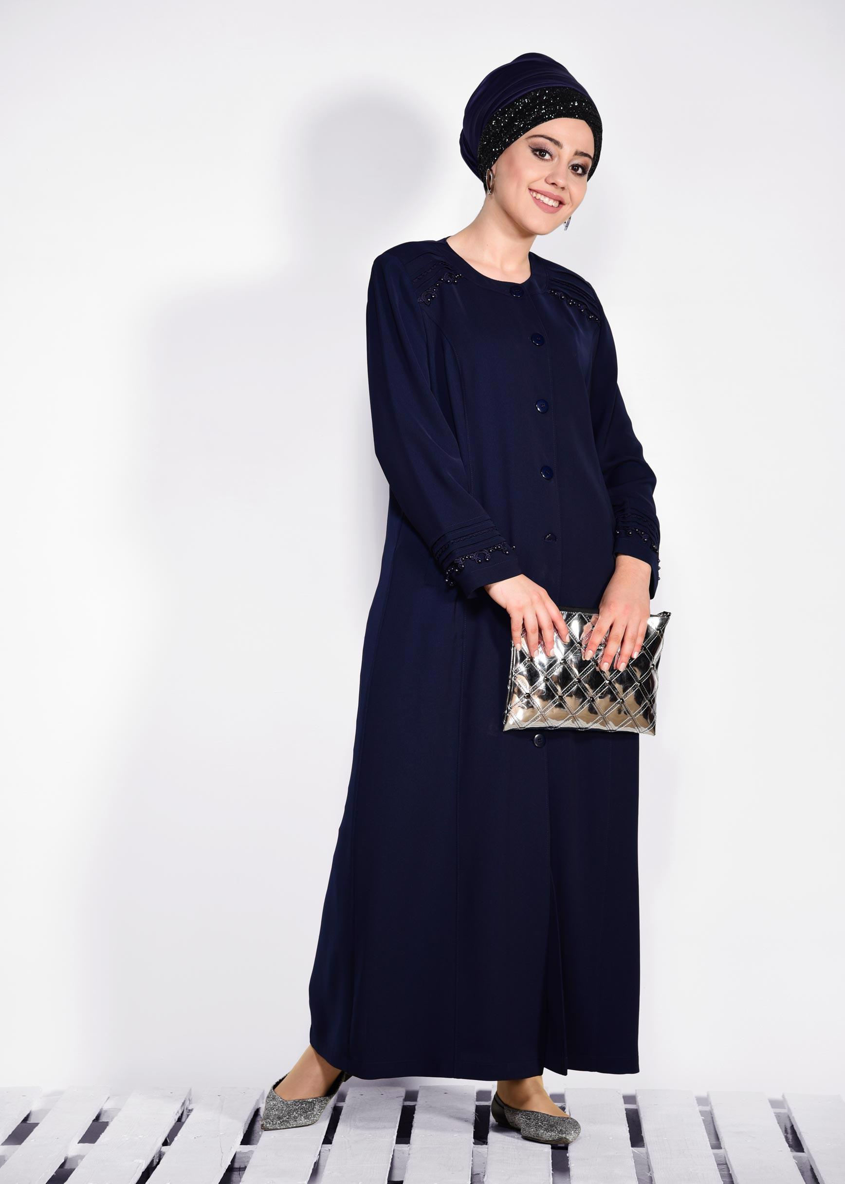 Hijab clothing NAVY BLUE Guipure Detail Buttoned Overcoat 1277 