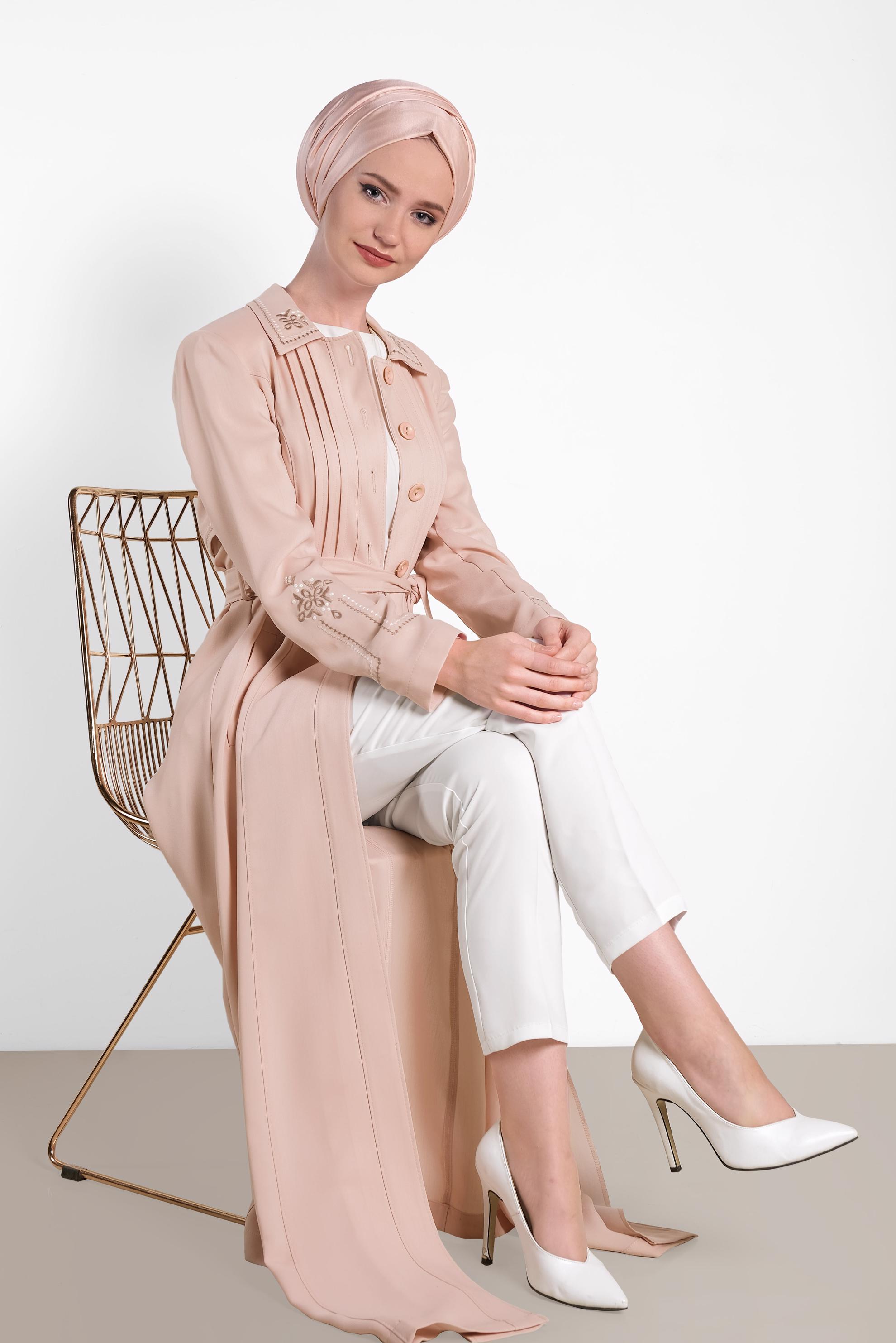 Hijab clothing POWDER Sleeves and Back  Embroidered Topcoat 1283 