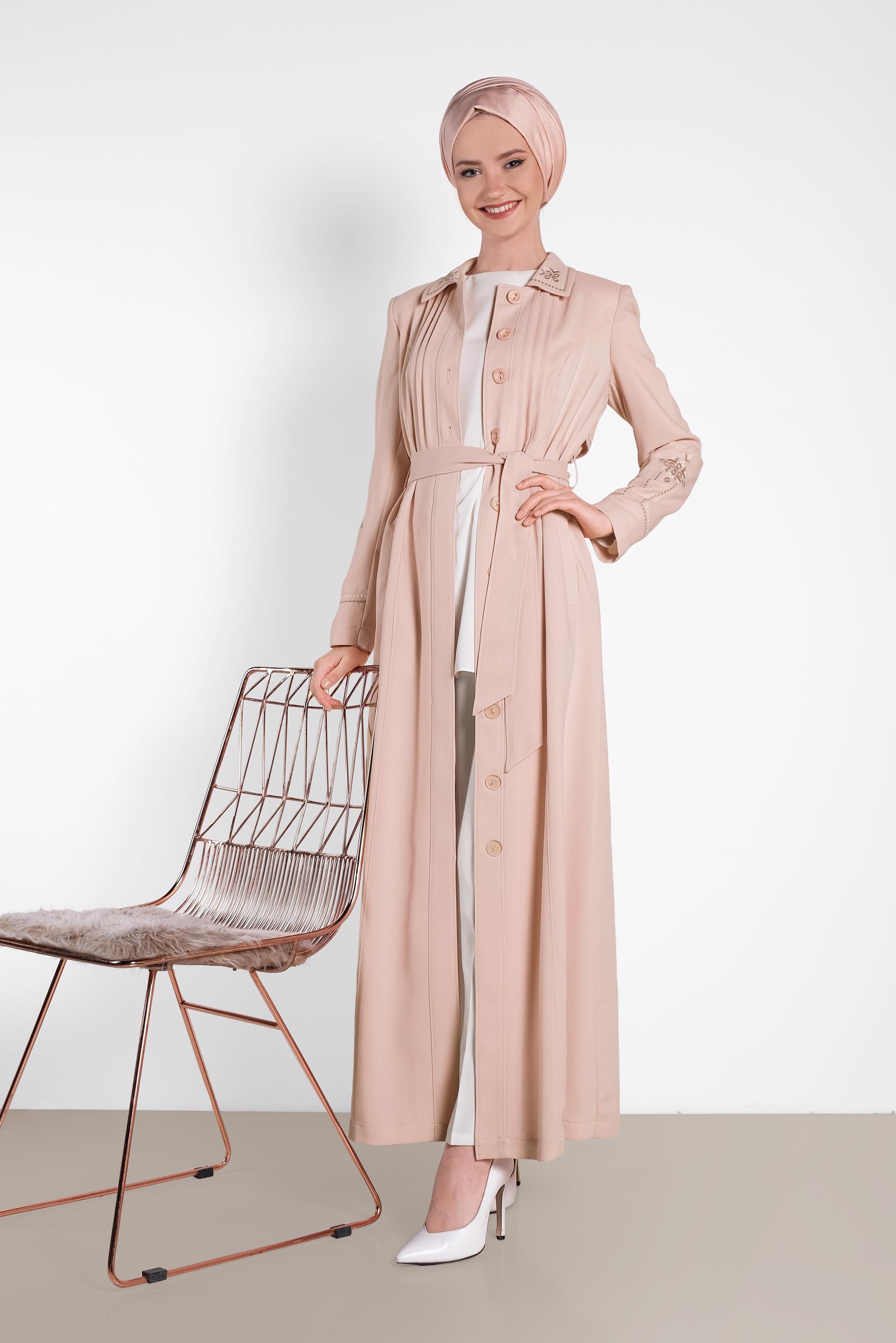 Hijab clothing POWDER Sleeves and Back  Embroidered Topcoat 1283 