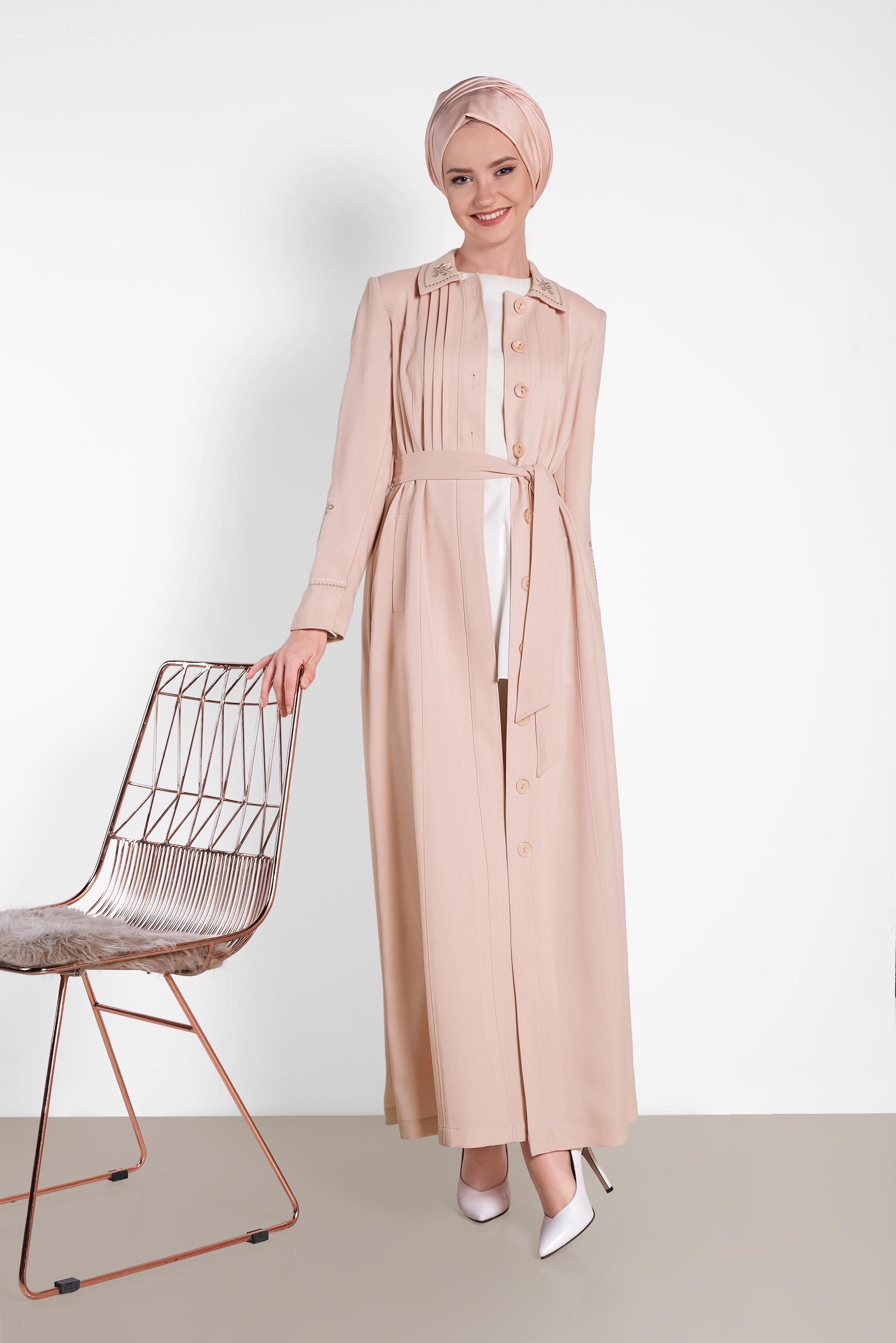 Hijab clothing POWDER Sleeves and Back  Embroidered Topcoat 1283 