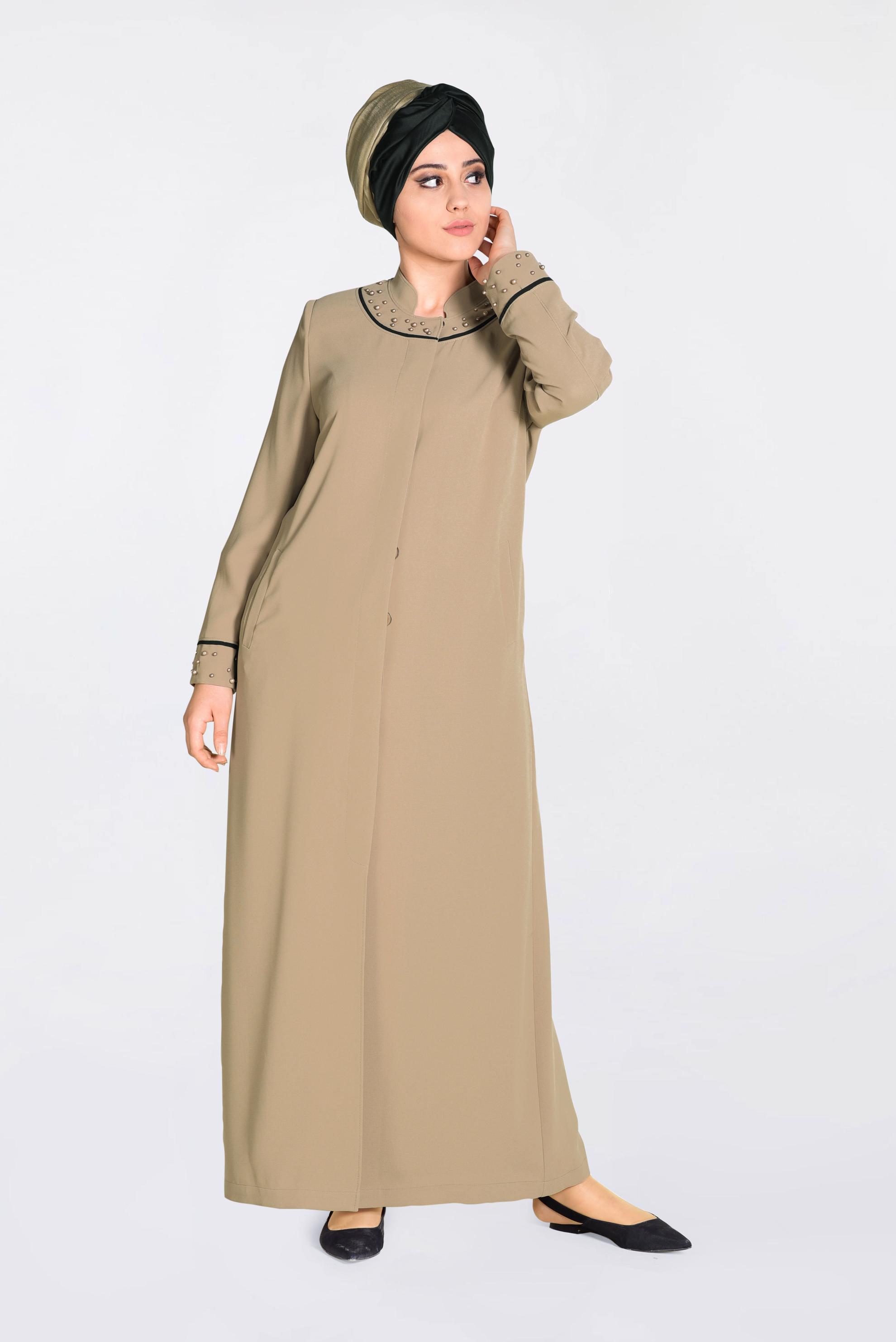 Tesettür giyim KAHVE KOL VE YAKA KISMI İNCİLİ PARDESÜ 1290