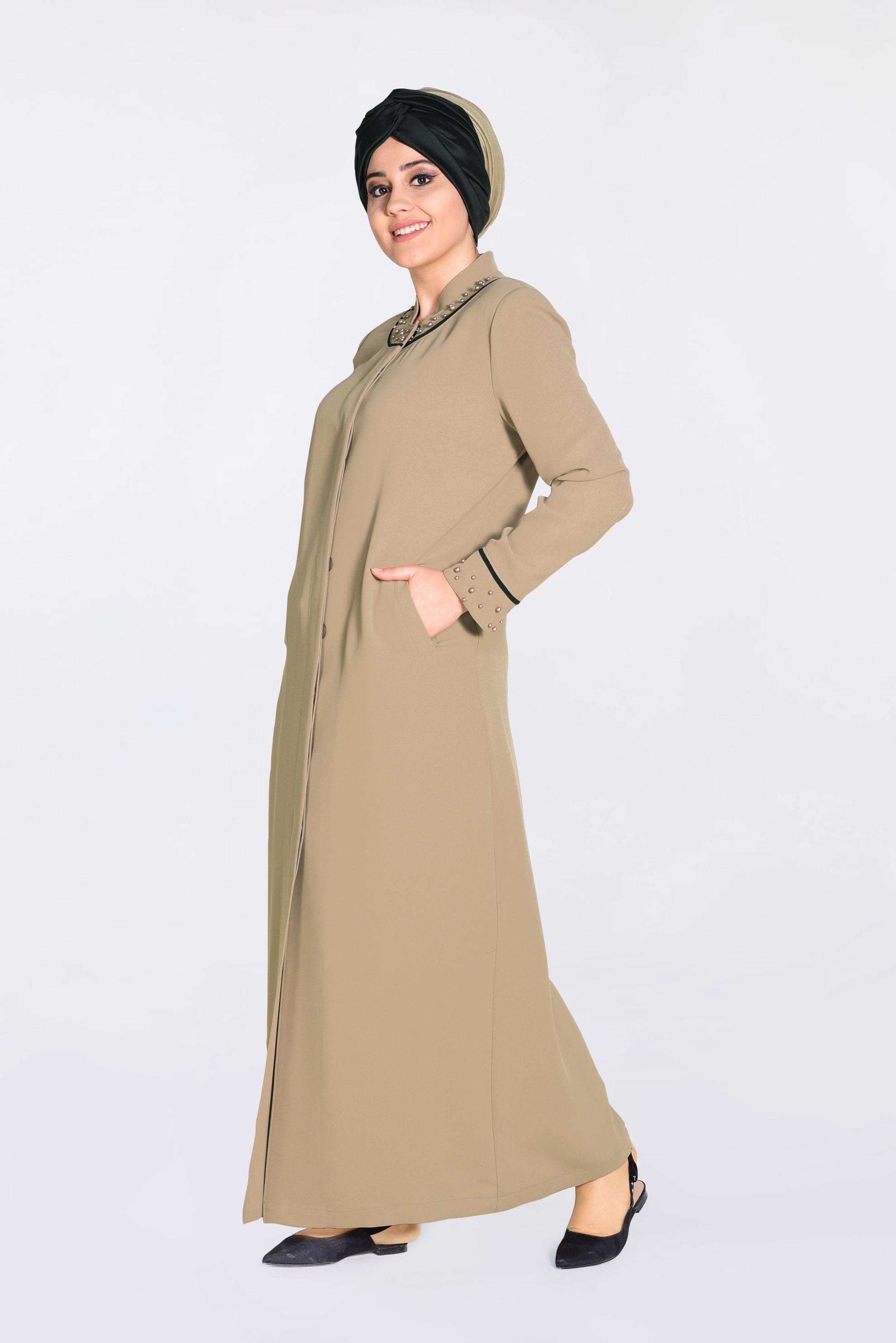 Tesettür giyim KAHVE KOL VE YAKA KISMI İNCİLİ PARDESÜ 1290