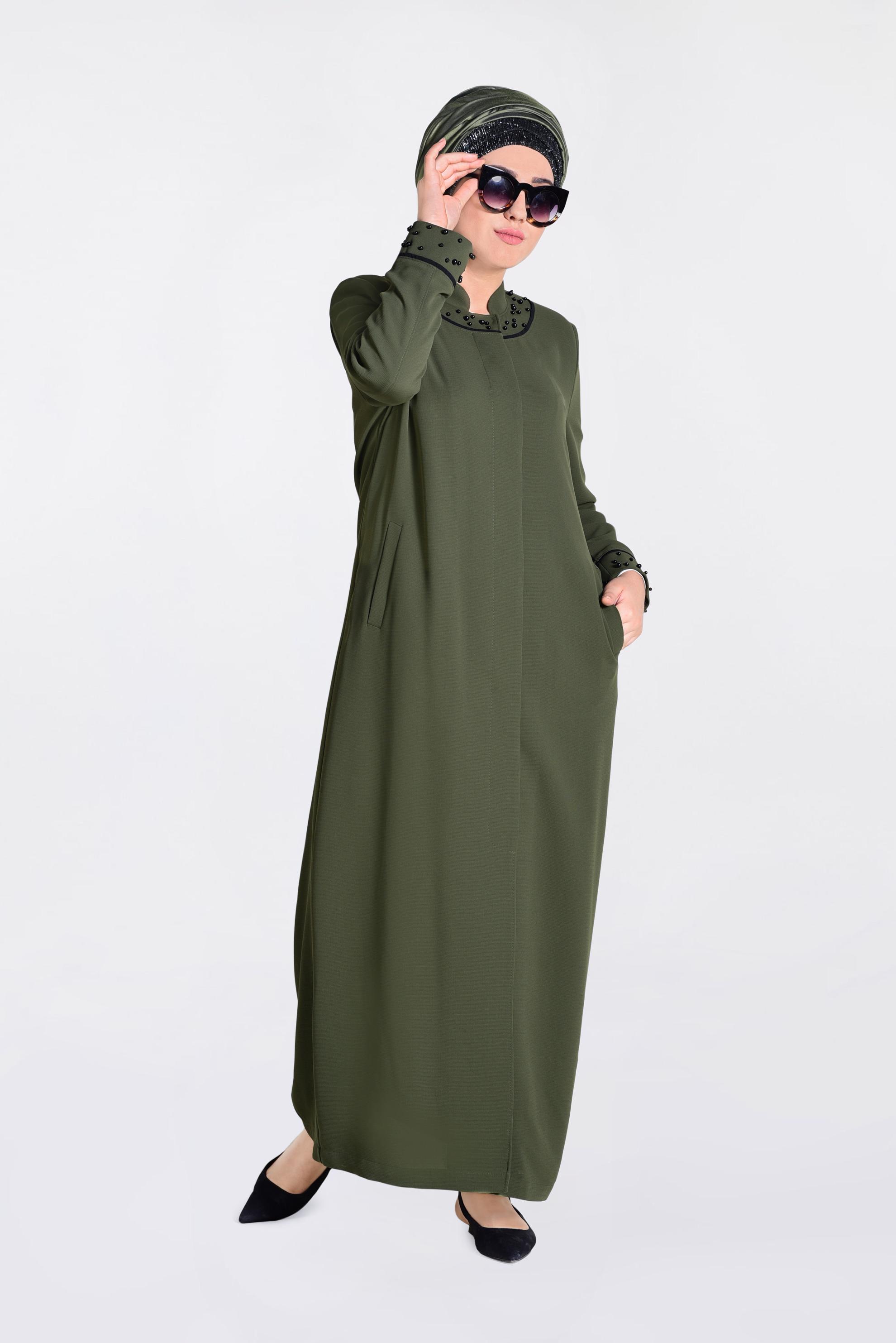 Tesettür giyim HAKİ KOL VE YAKA KISMI İNCİLİ PARDESÜ 1290