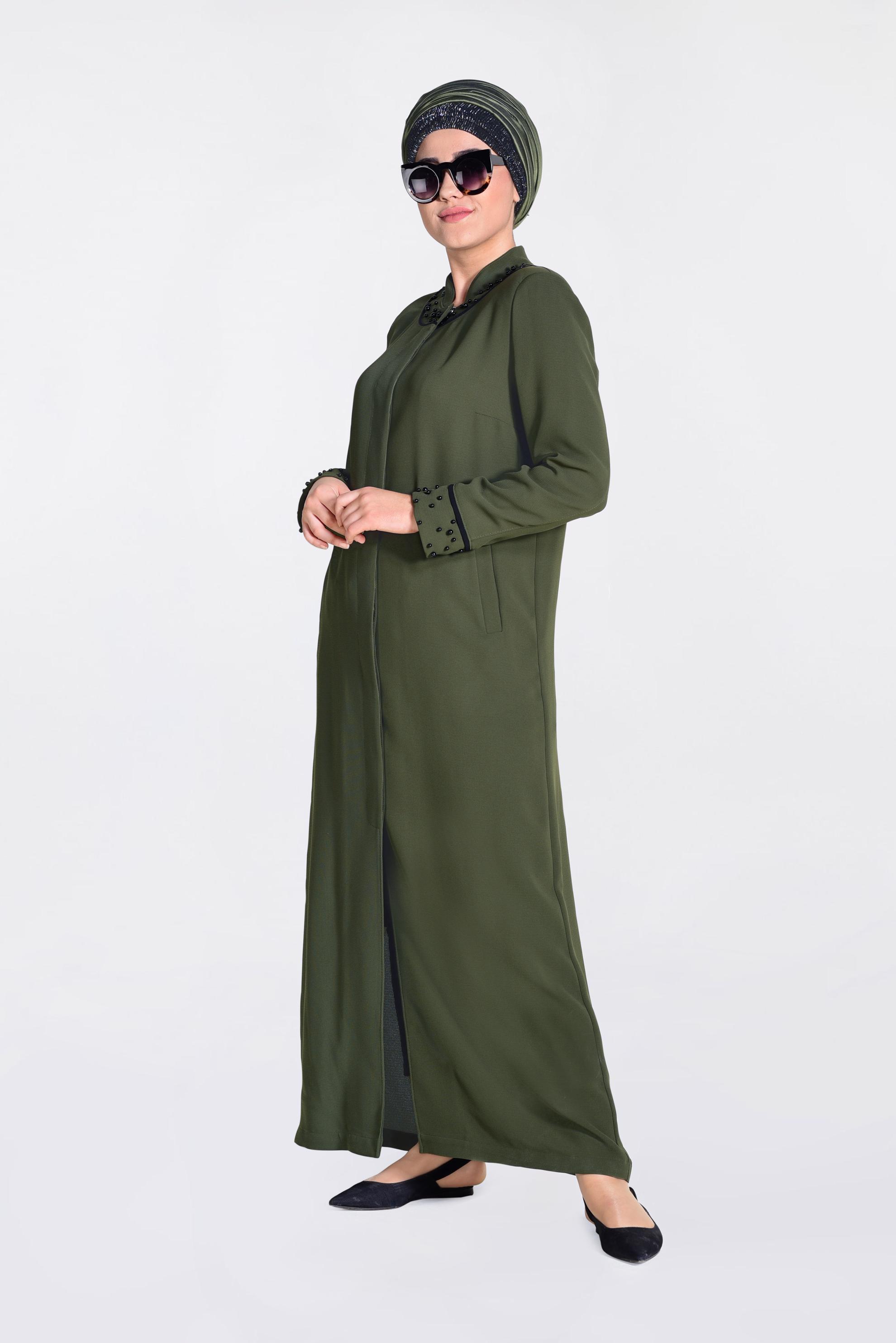 Tesettür giyim HAKİ KOL VE YAKA KISMI İNCİLİ PARDESÜ 1290