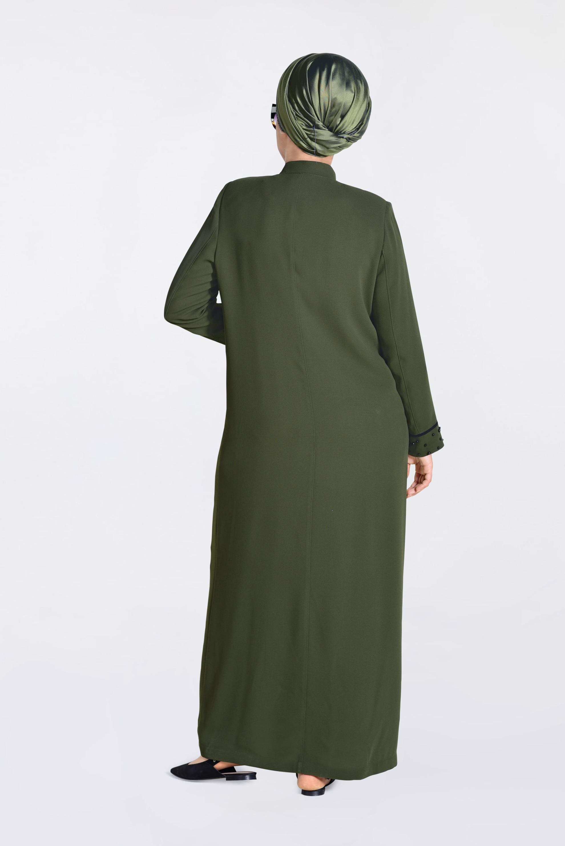 Tesettür giyim HAKİ KOL VE YAKA KISMI İNCİLİ PARDESÜ 1290