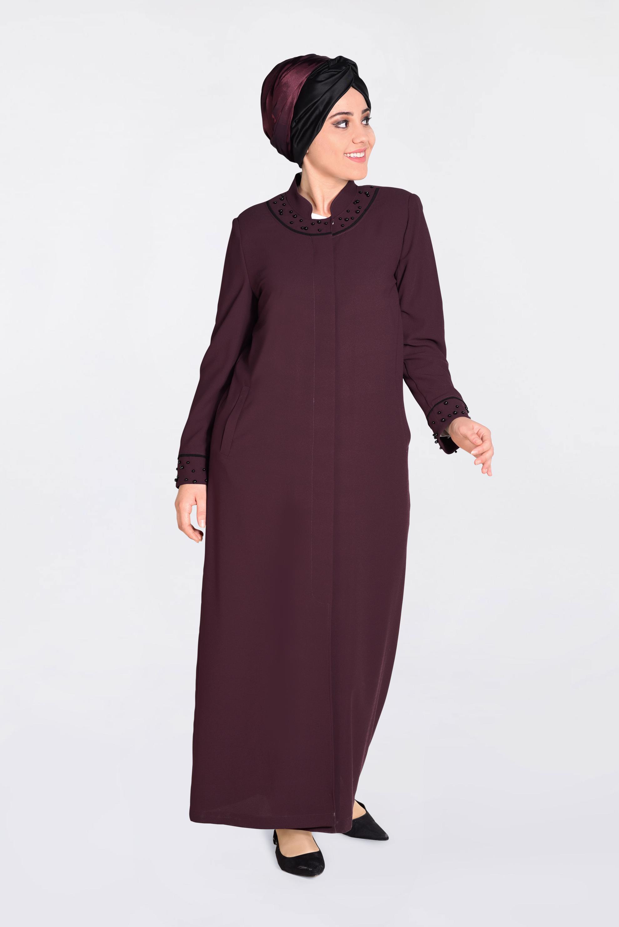 Tesettür giyim BORDO KOL VE YAKA KISMI İNCİLİ PARDESÜ 1290