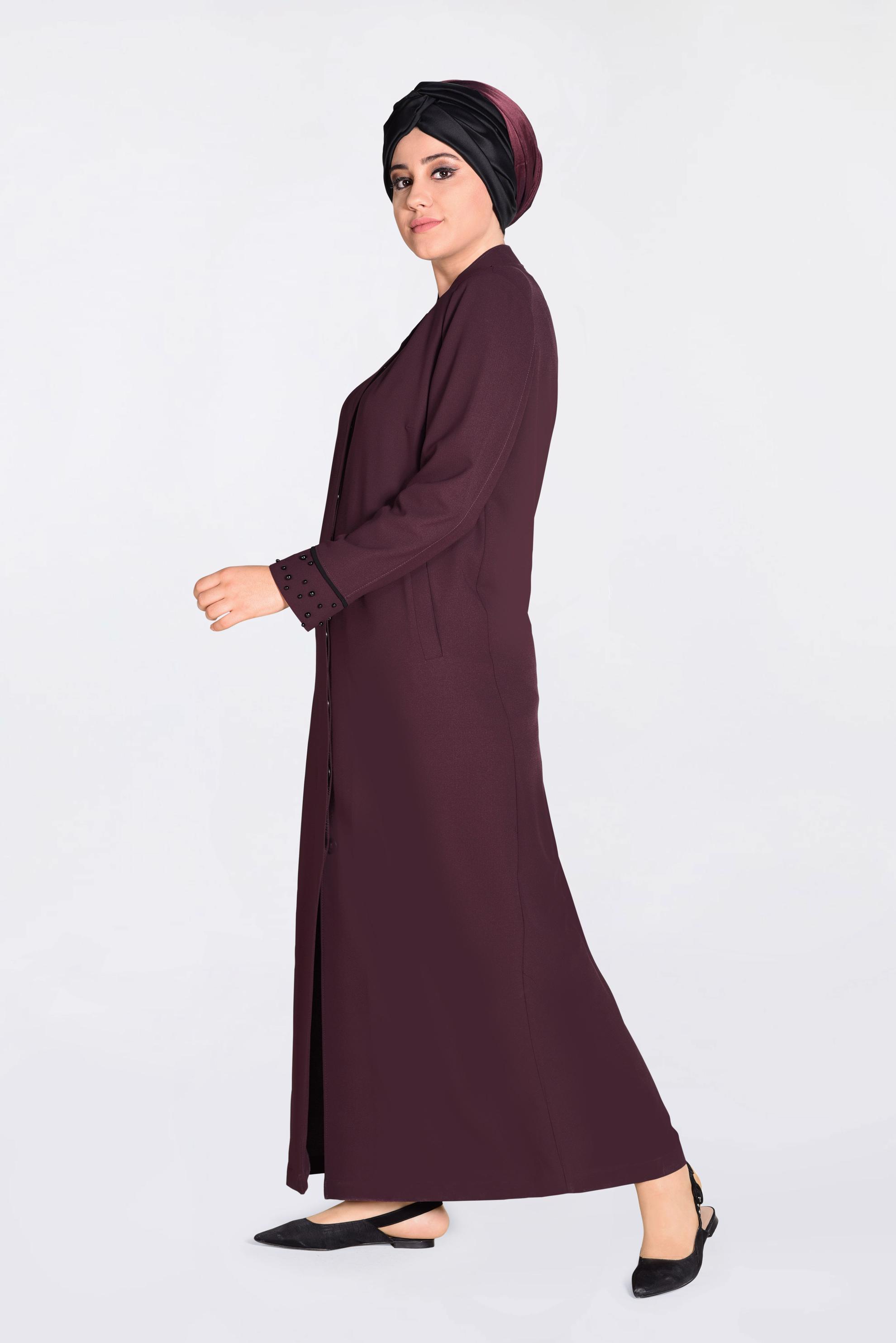 Tesettür giyim BORDO KOL VE YAKA KISMI İNCİLİ PARDESÜ 1290