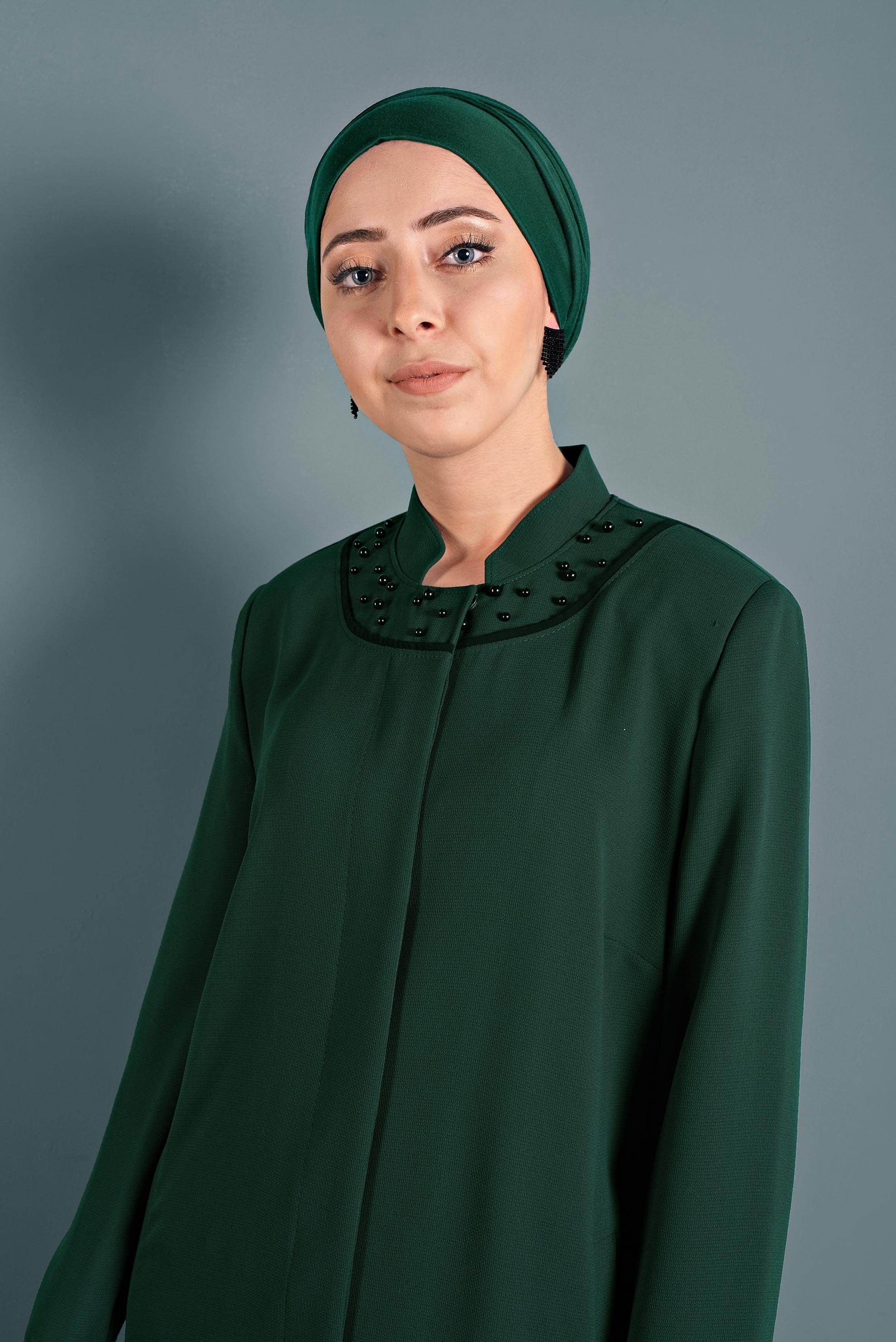 Tesettür giyim YEŞİL KOL VE YAKA KISMI İNCİLİ PARDESÜ 1290