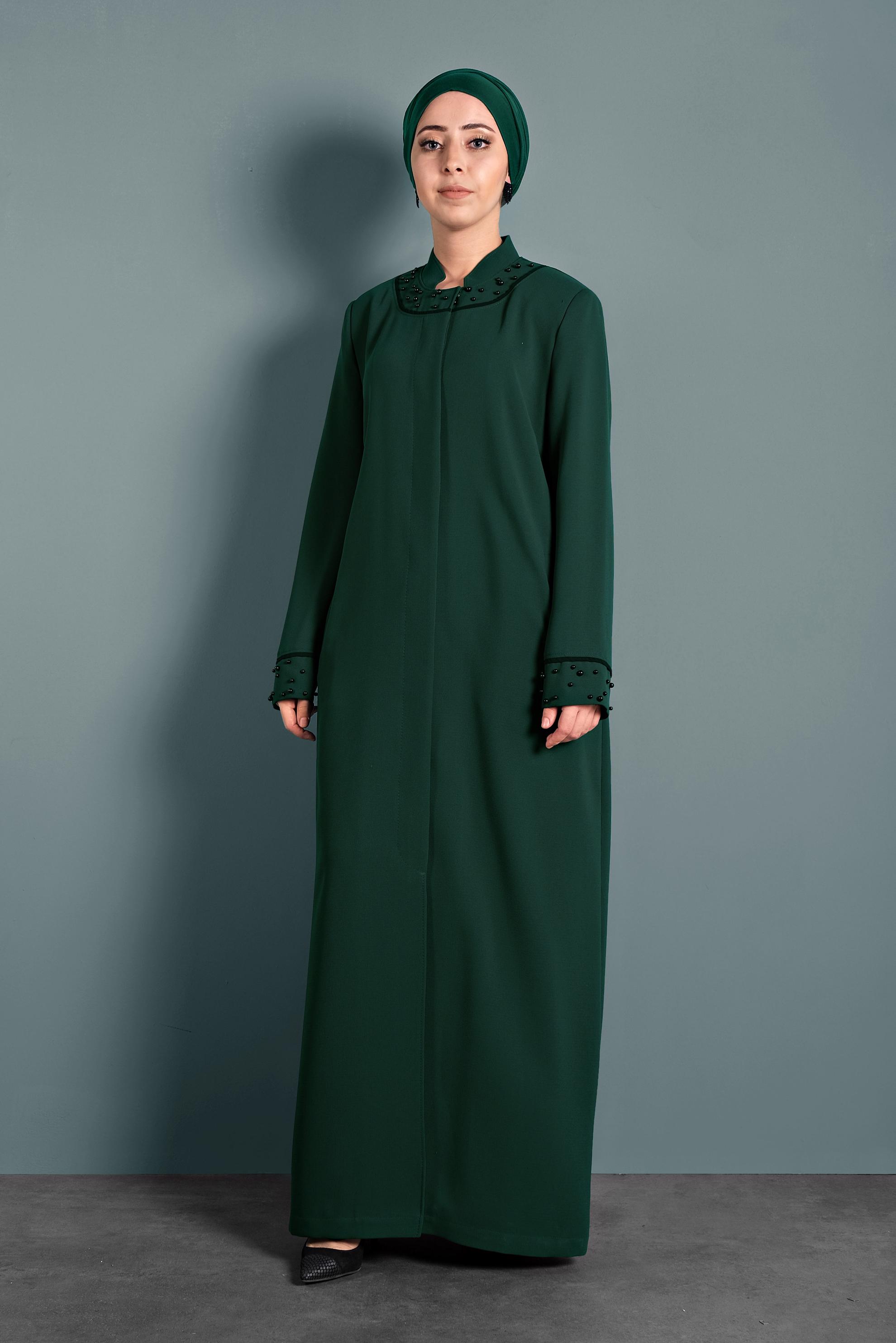 Tesettür giyim YEŞİL KOL VE YAKA KISMI İNCİLİ PARDESÜ 1290