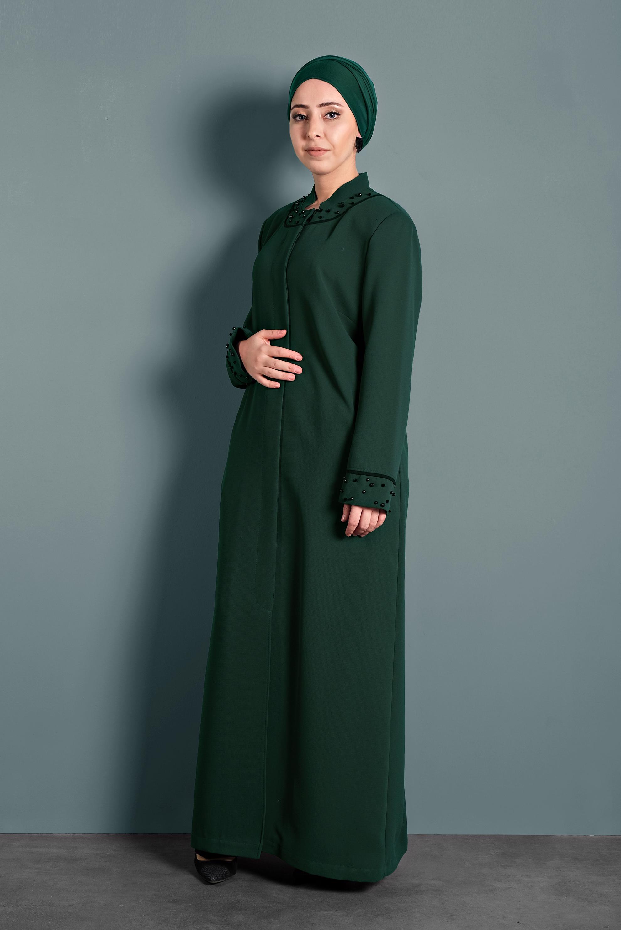 Tesettür giyim YEŞİL KOL VE YAKA KISMI İNCİLİ PARDESÜ 1290
