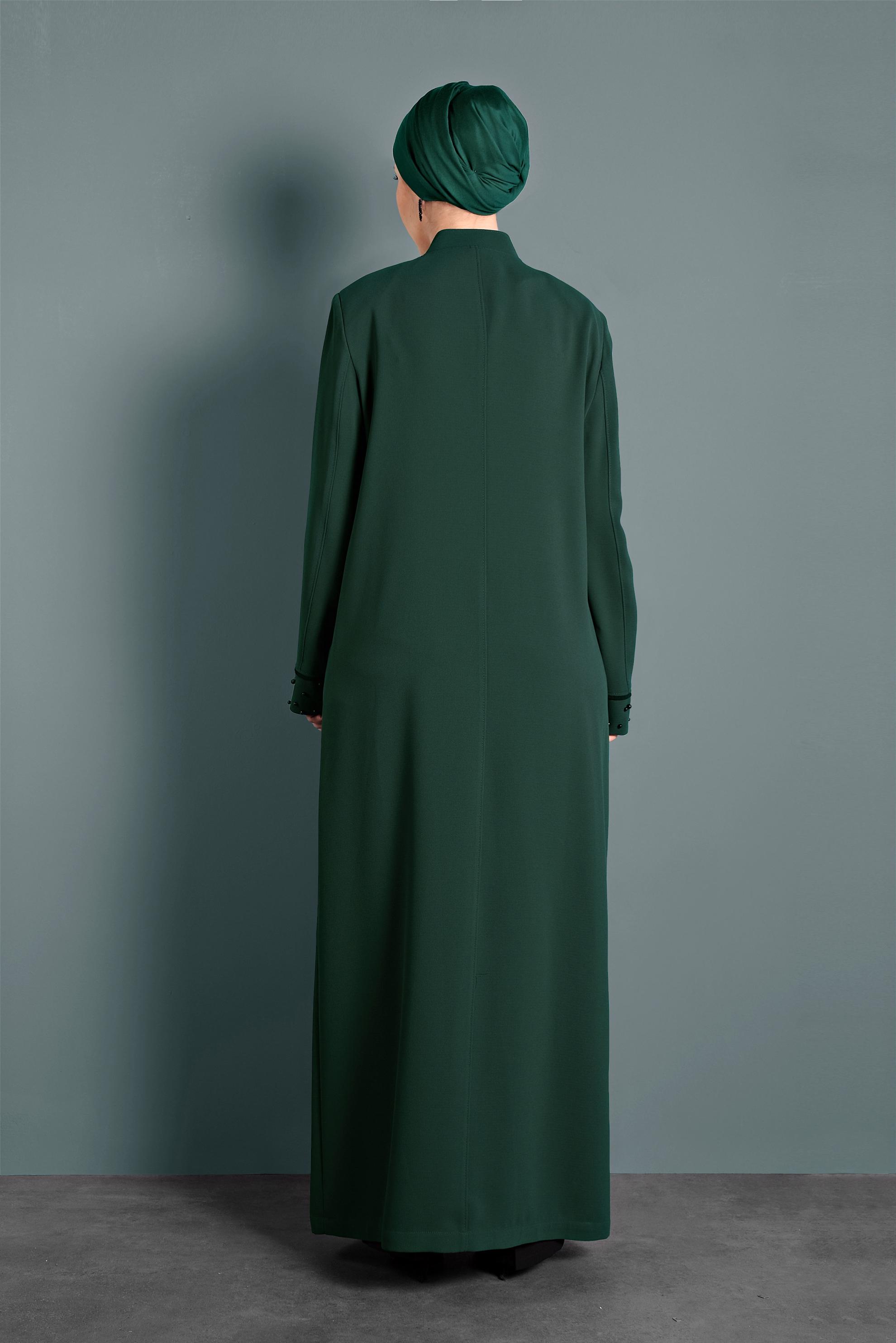 Tesettür giyim YEŞİL KOL VE YAKA KISMI İNCİLİ PARDESÜ 1290