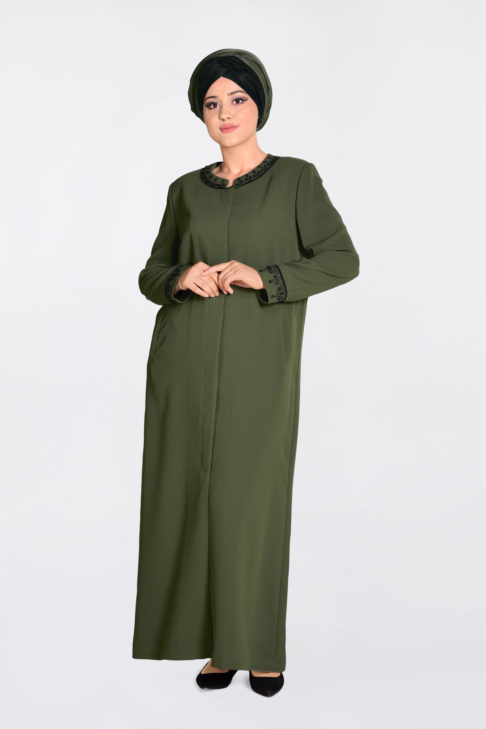 Tesettür giyim HAKİ İNCİ İŞLEMELİ PARDESÜ 1295