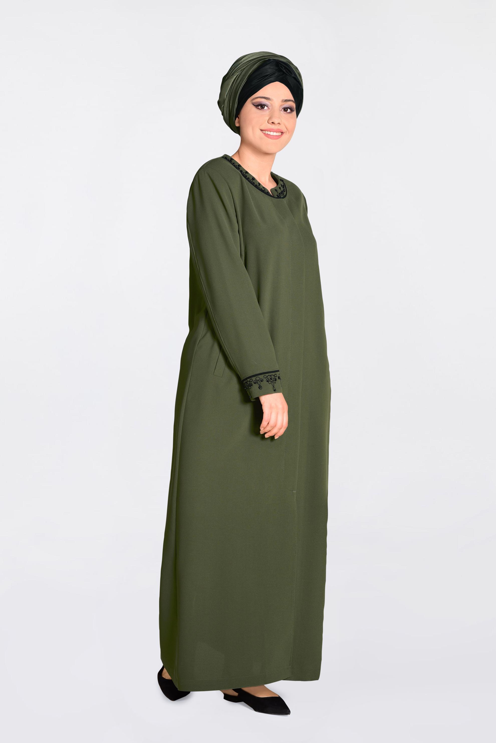 Tesettür giyim HAKİ İNCİ İŞLEMELİ PARDESÜ 1295