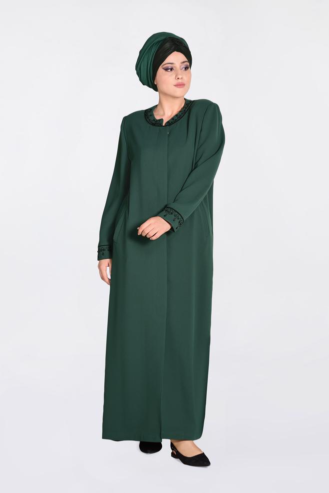 Hijab clothing GREEN Pearl Embroidered Overcoat 1295  - ALVİNA