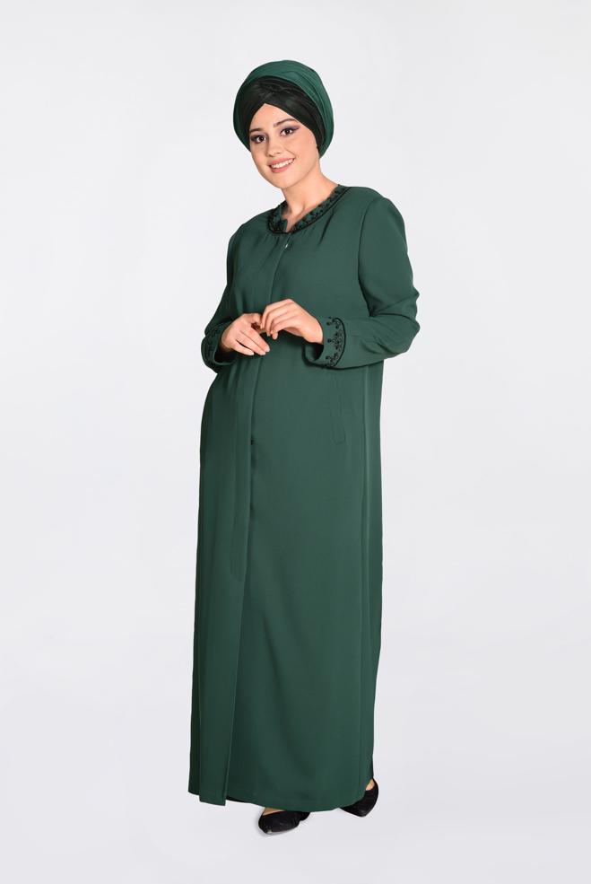 Hijab clothing GREEN Pearl Embroidered Overcoat 1295  - ALVİNA
