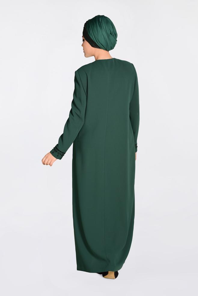 Hijab clothing GREEN Pearl Embroidered Overcoat 1295  - ALVİNA
