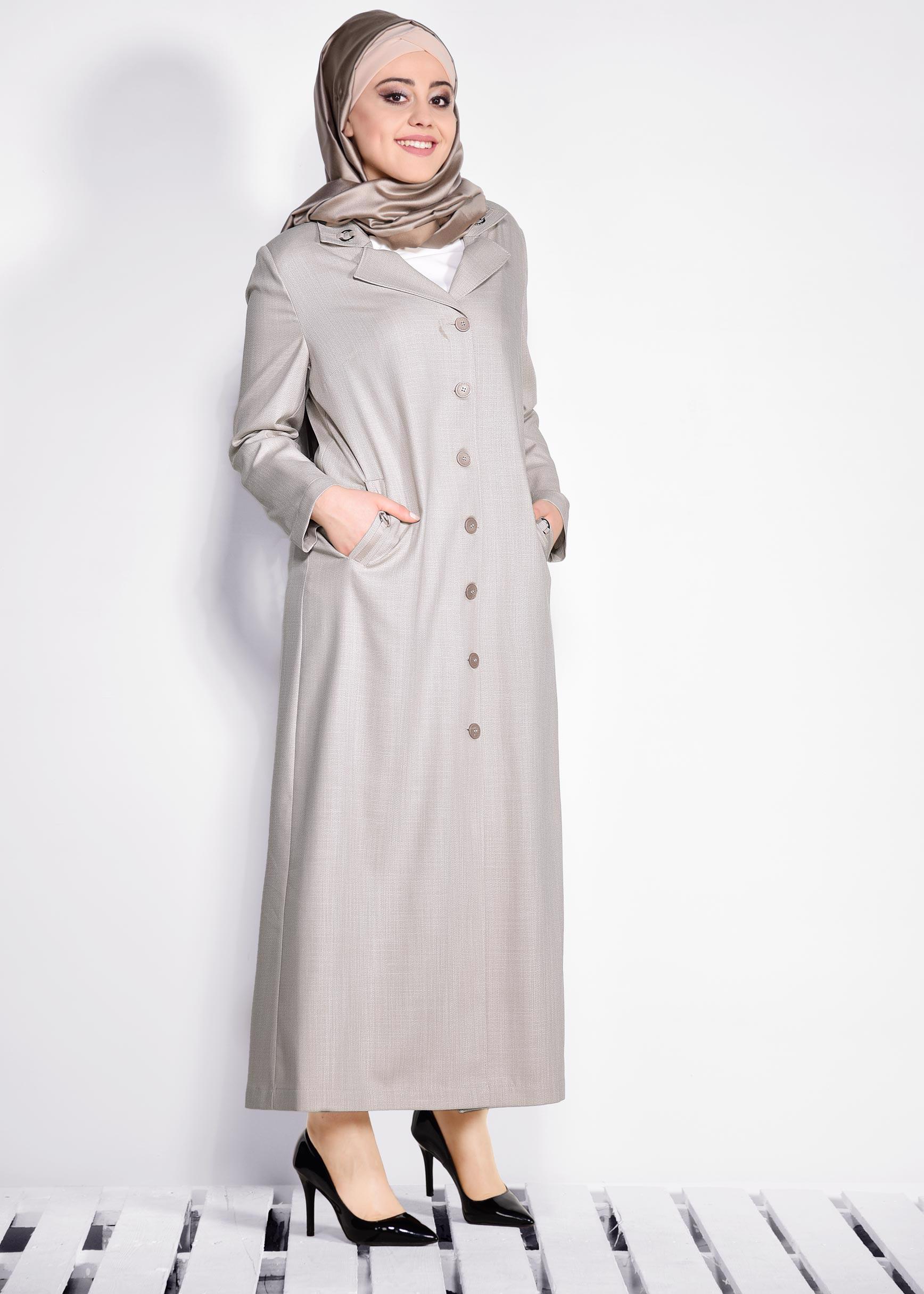 Tesettür giyim BEJ CEP DETAYLI DÜĞMELİ PARDESÜ 1296 