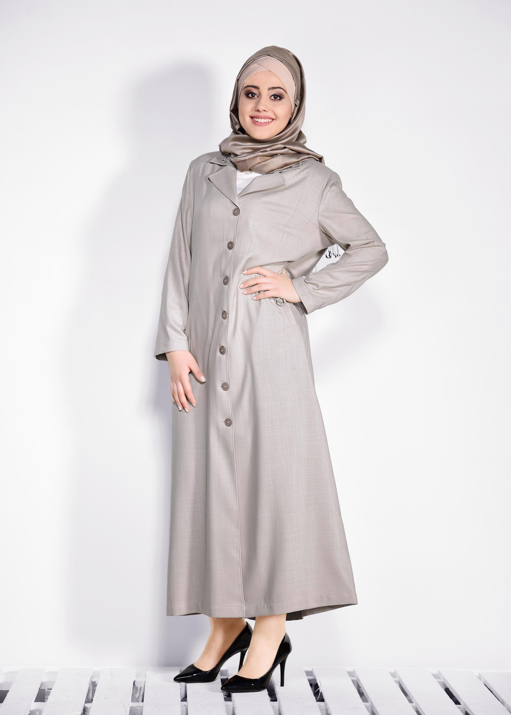 Tesettür giyim BEJ CEP DETAYLI DÜĞMELİ PARDESÜ 1296 
