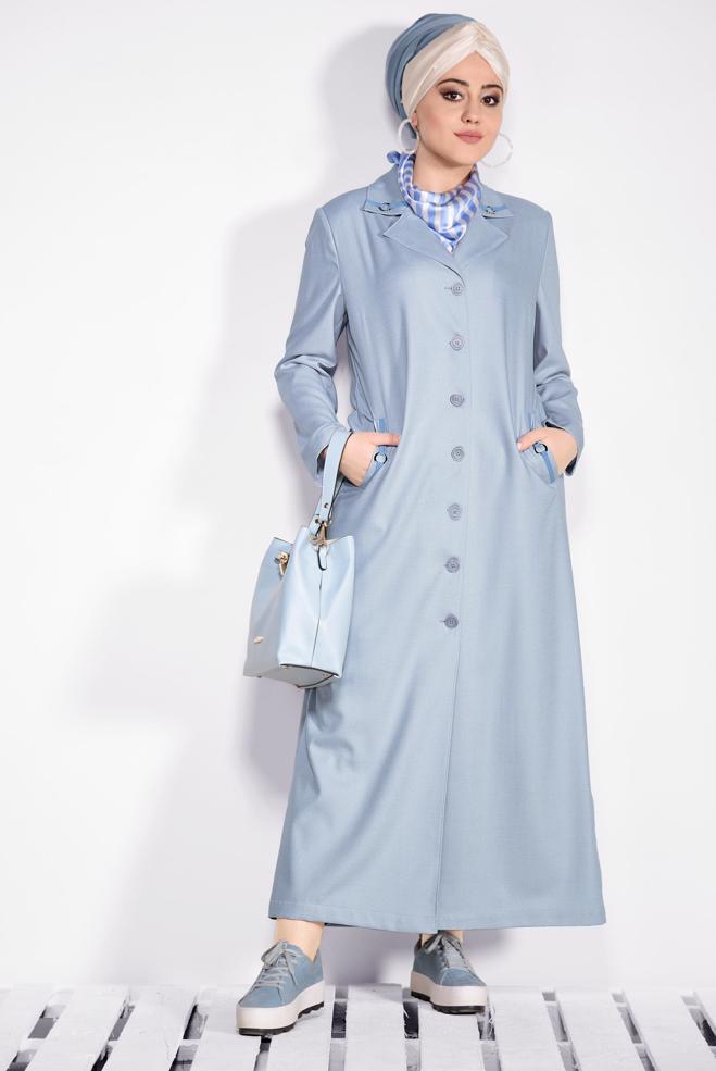 Hijab clothing GREY Pocket Detail Buttoned Overcoat 1296  - ALVİNA