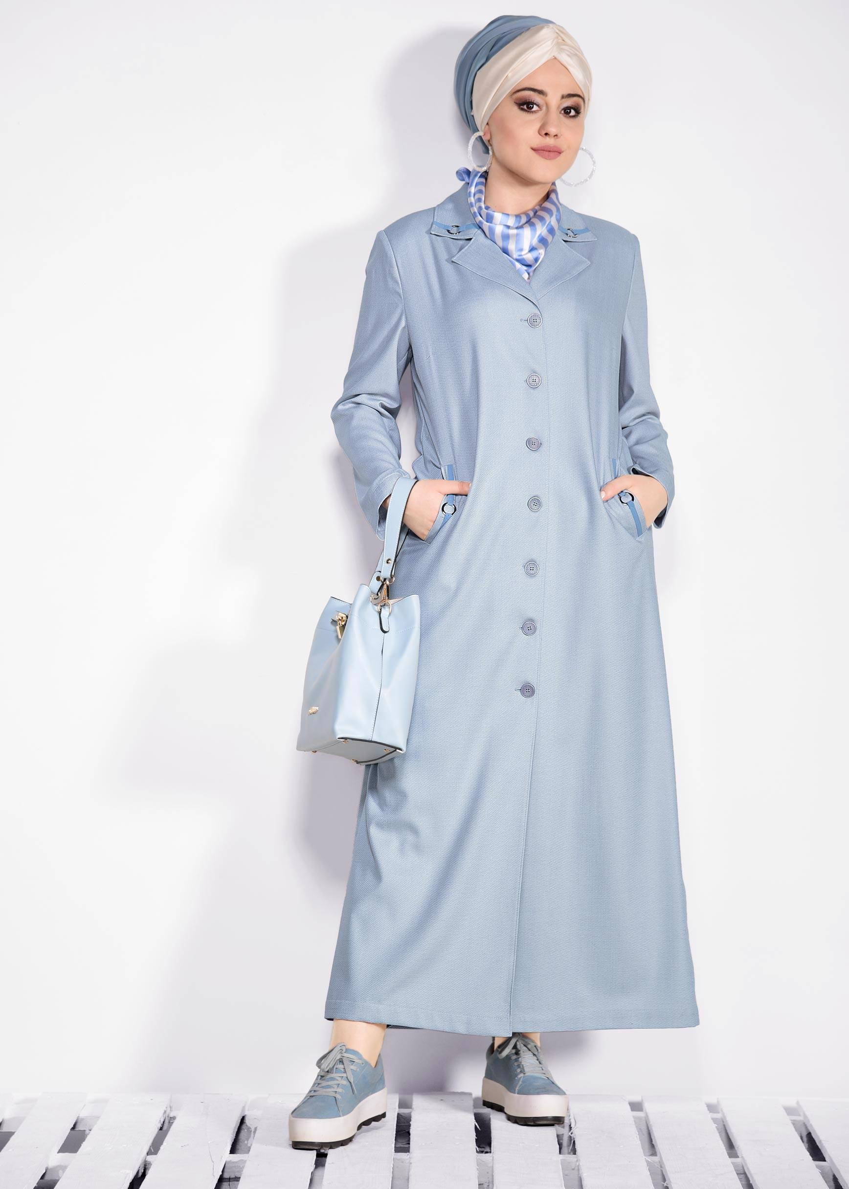 Hijab clothing GREY Pocket Detail Buttoned Overcoat 1296 
