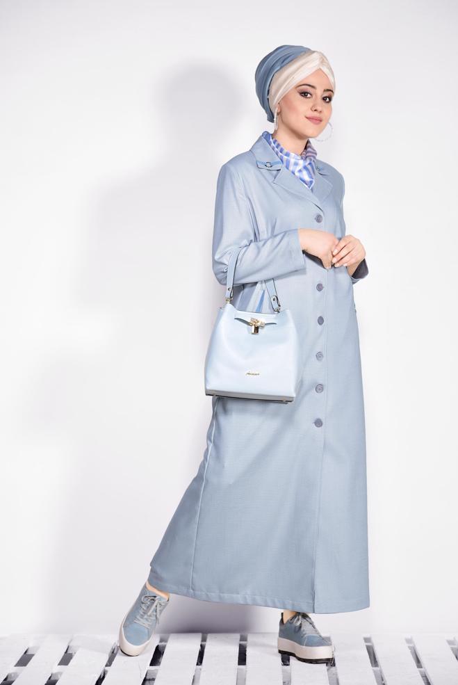 Hijab clothing GREY Pocket Detail Buttoned Overcoat 1296  - ALVİNA