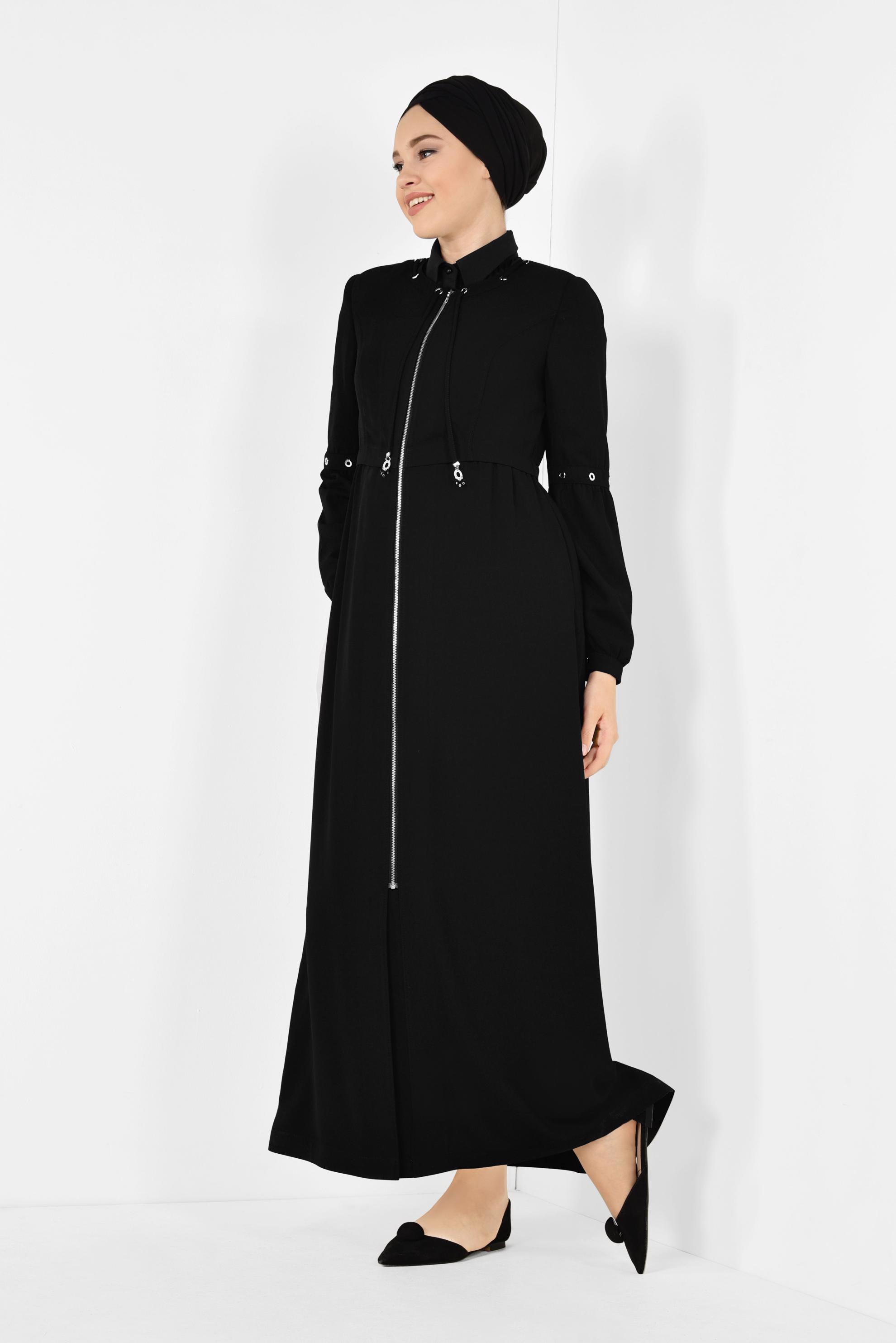 Tesettür giyim SİYAH  FERMUARLI PARDESÜ 1401 