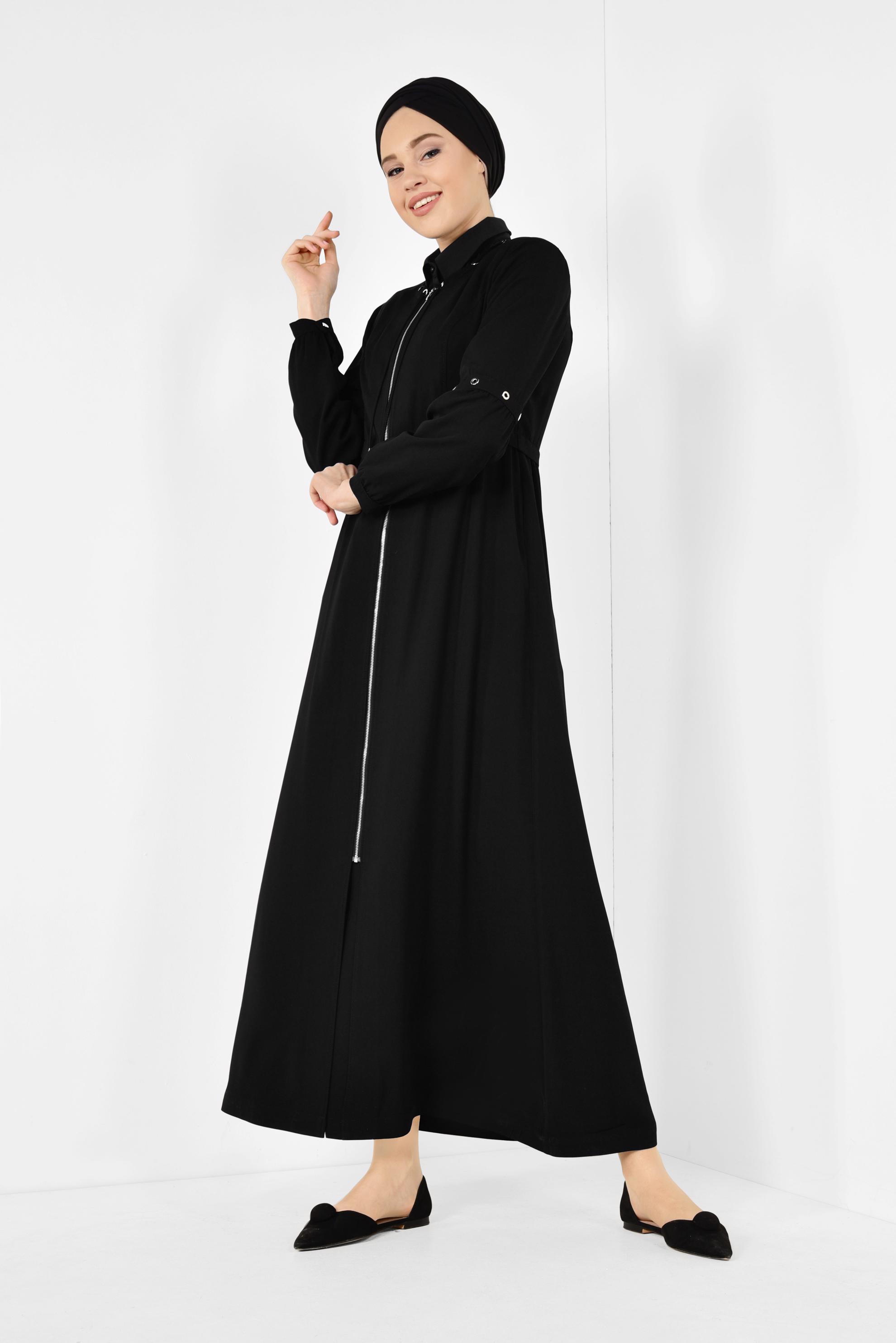 Tesettür giyim SİYAH  FERMUARLI PARDESÜ 1401 